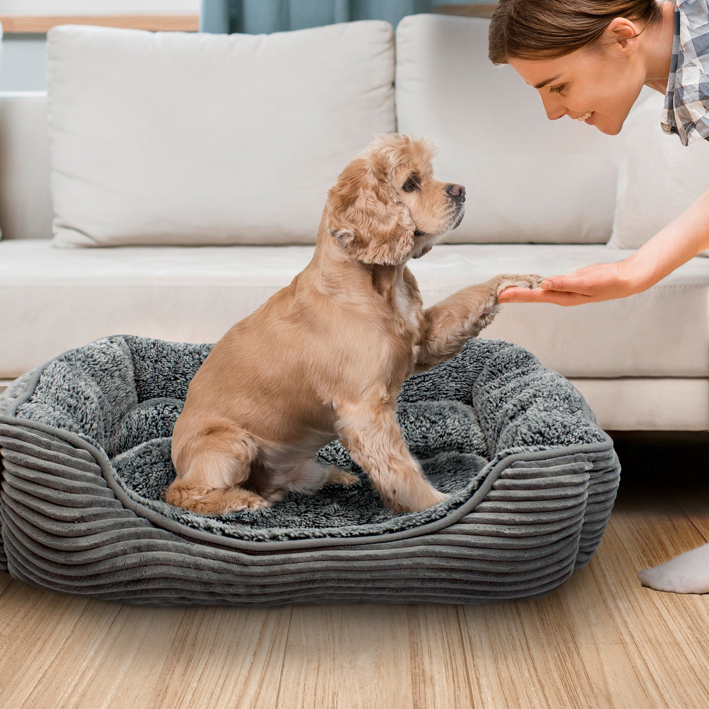 Details Dog Bed for Small  Dogs, Rectangle Durable Sleeping Calming Cuddler for Pets, Super Plush Corduroy Sherpa