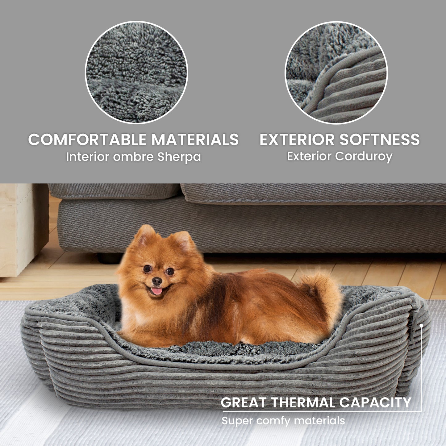 Details Dog Bed for Small  Dogs, Rectangle Durable Sleeping Calming Cuddler for Pets, Super Plush Corduroy Sherpa