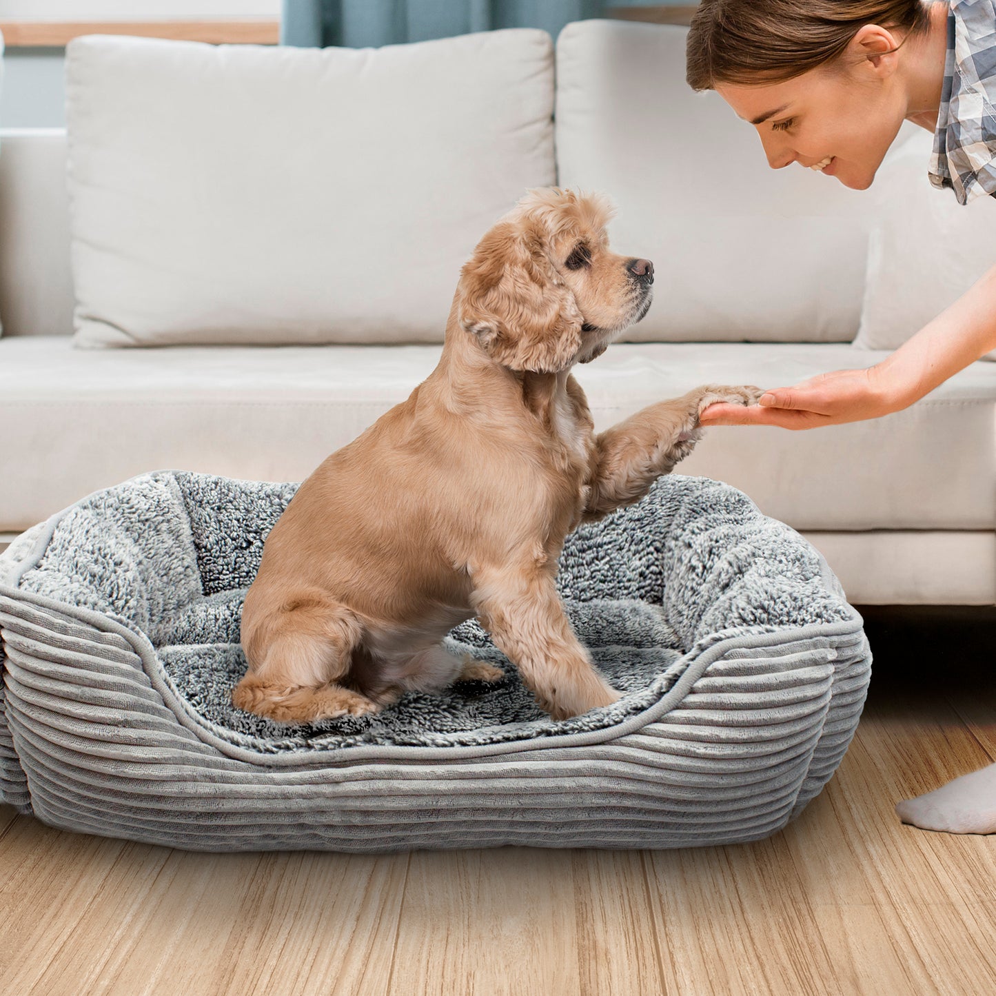 Details Dog Bed for Small  Dogs, Rectangle Durable Sleeping Calming Cuddler for Pets, Super Plush Corduroy Sherpa