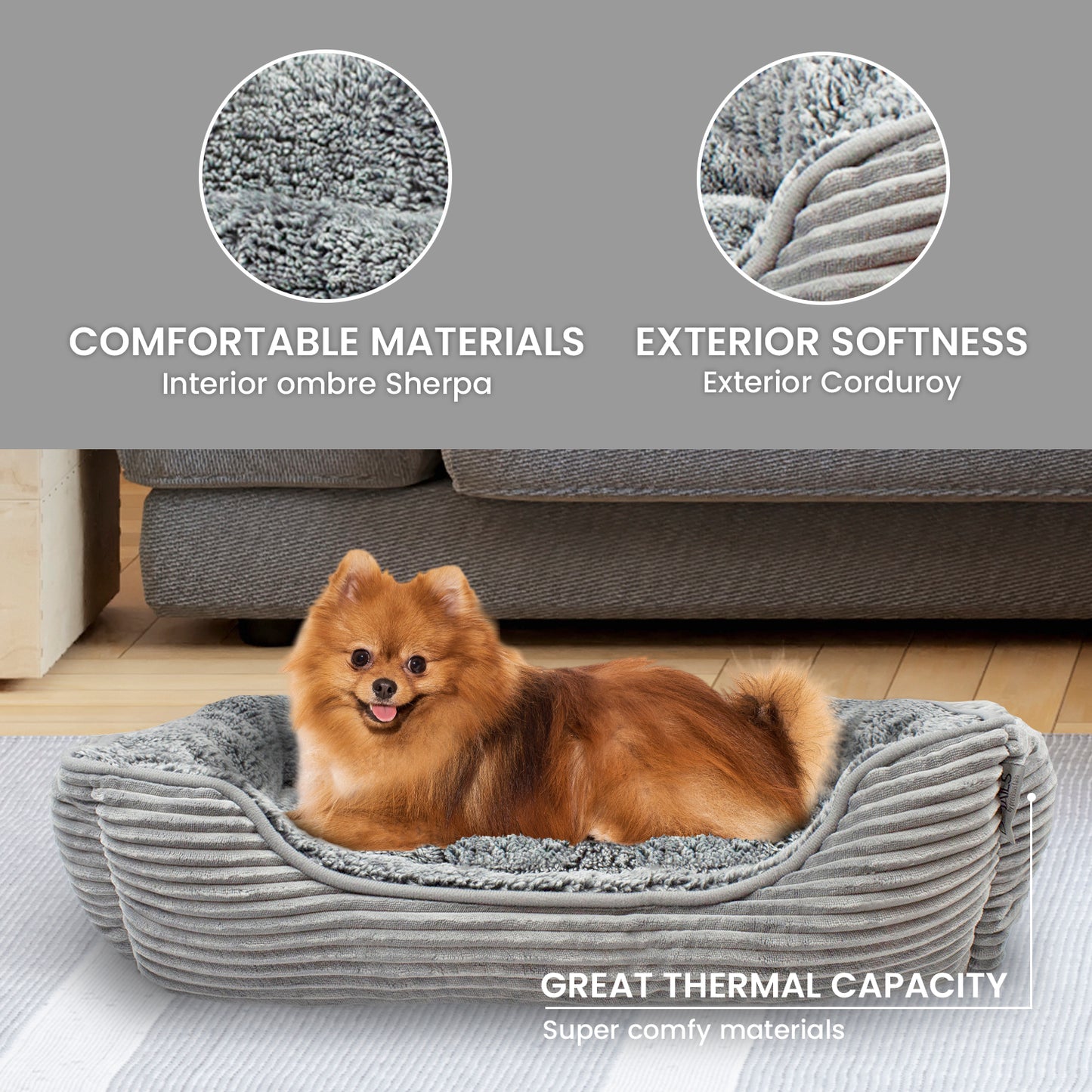 Details Dog Bed for Small  Dogs, Rectangle Durable Sleeping Calming Cuddler for Pets, Super Plush Corduroy Sherpa