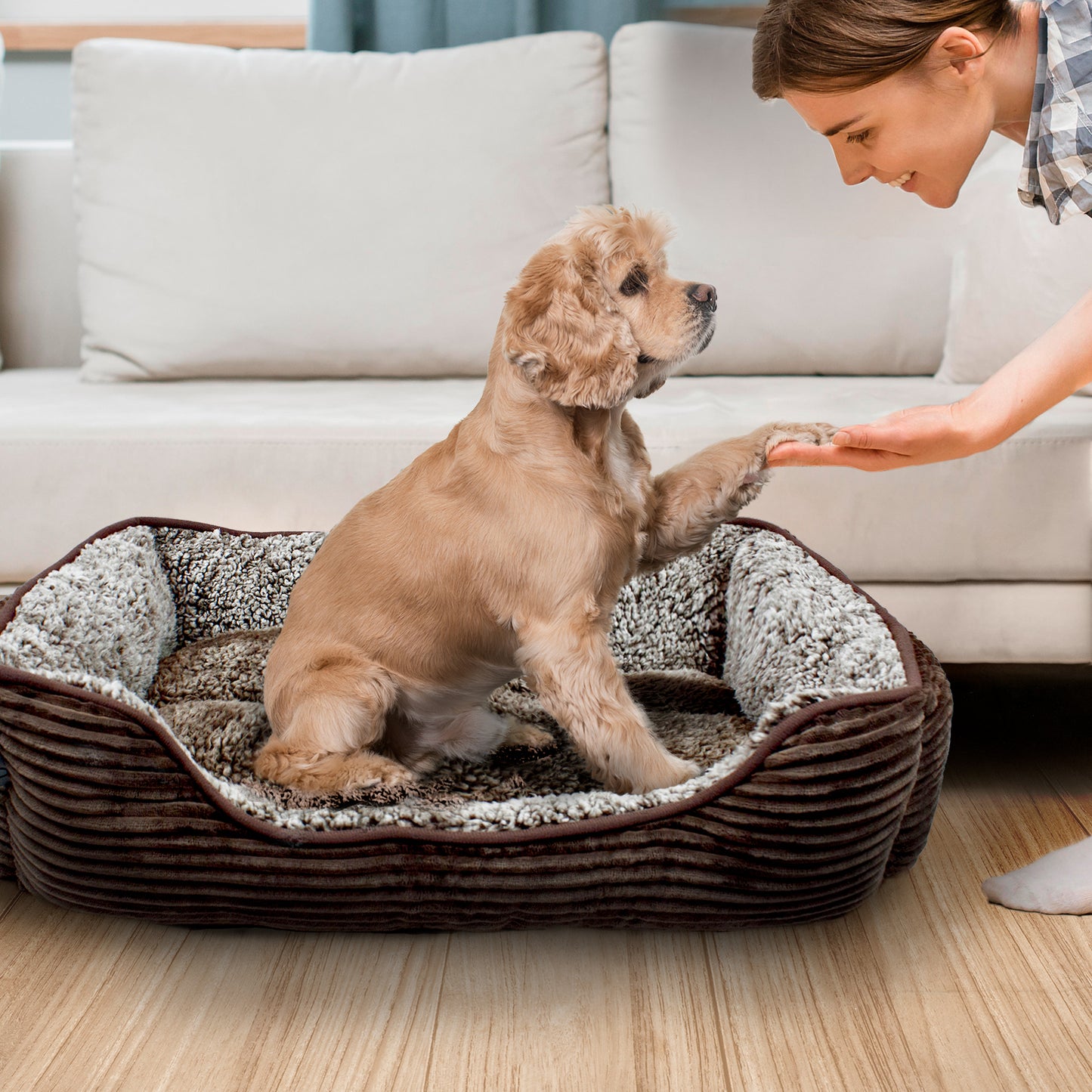 Details Dog Bed for Small  Dogs, Rectangle Durable Sleeping Calming Cuddler for Pets, Super Plush Corduroy Sherpa