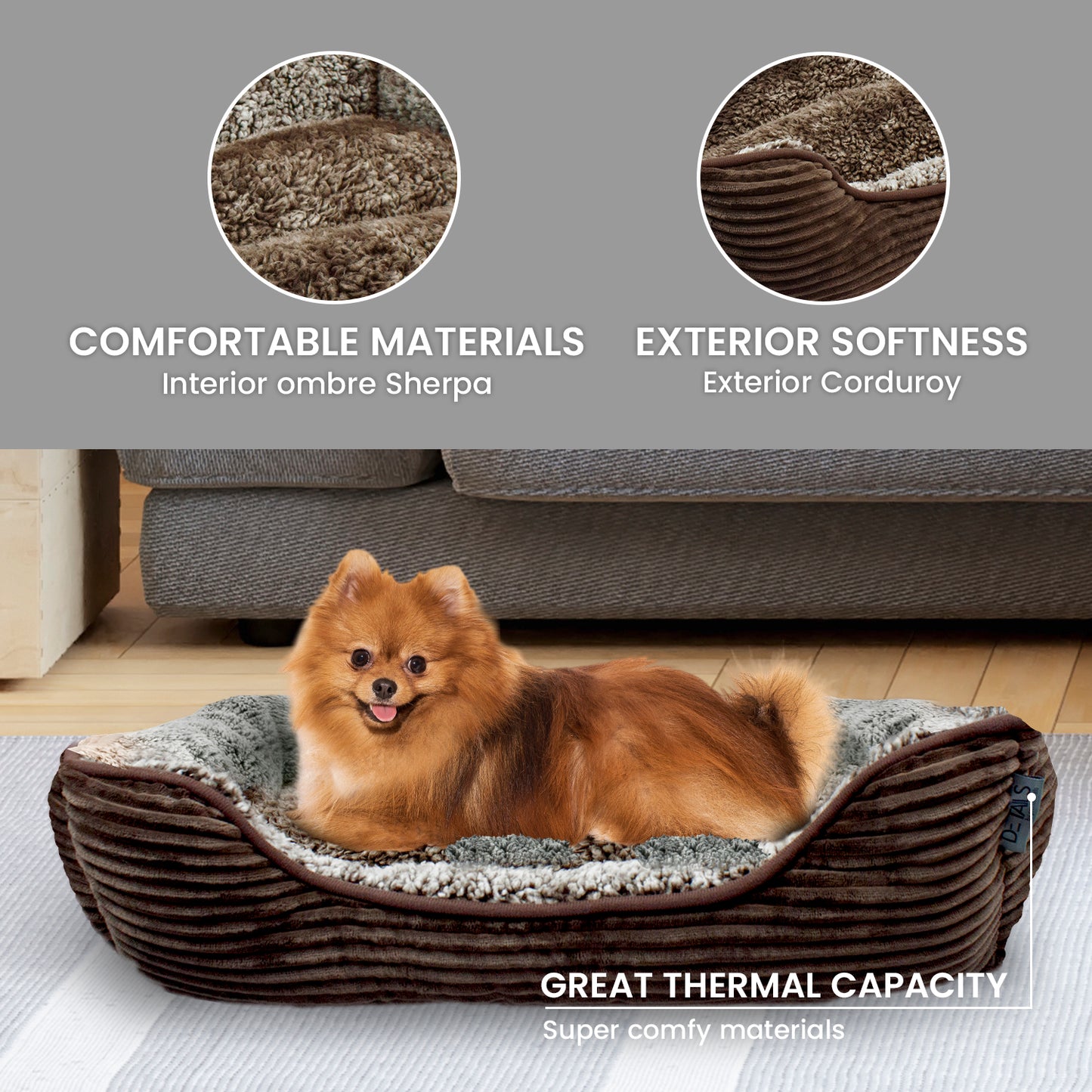 Details Dog Bed for Small  Dogs, Rectangle Durable Sleeping Calming Cuddler for Pets, Super Plush Corduroy Sherpa