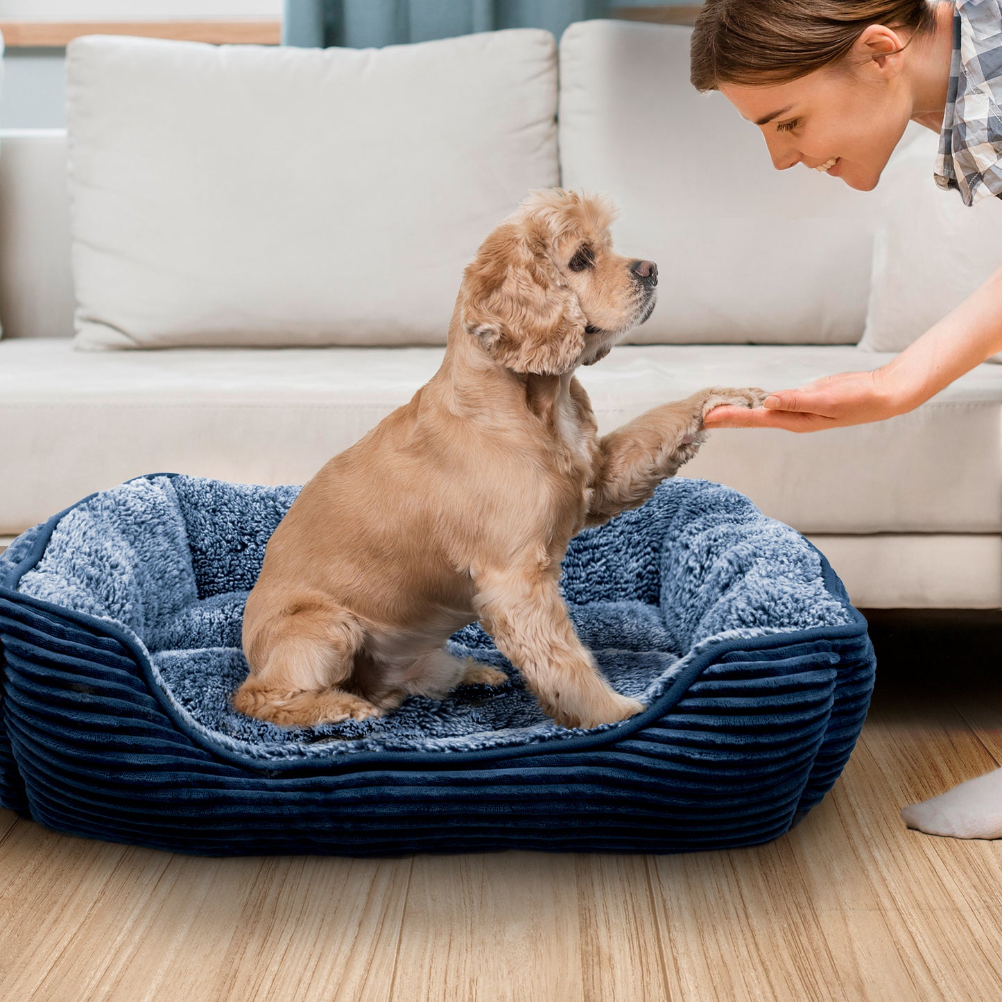 Details Dog Bed for Small  Dogs, Rectangle Durable Sleeping Calming Cuddler for Pets, Super Plush Corduroy Sherpa