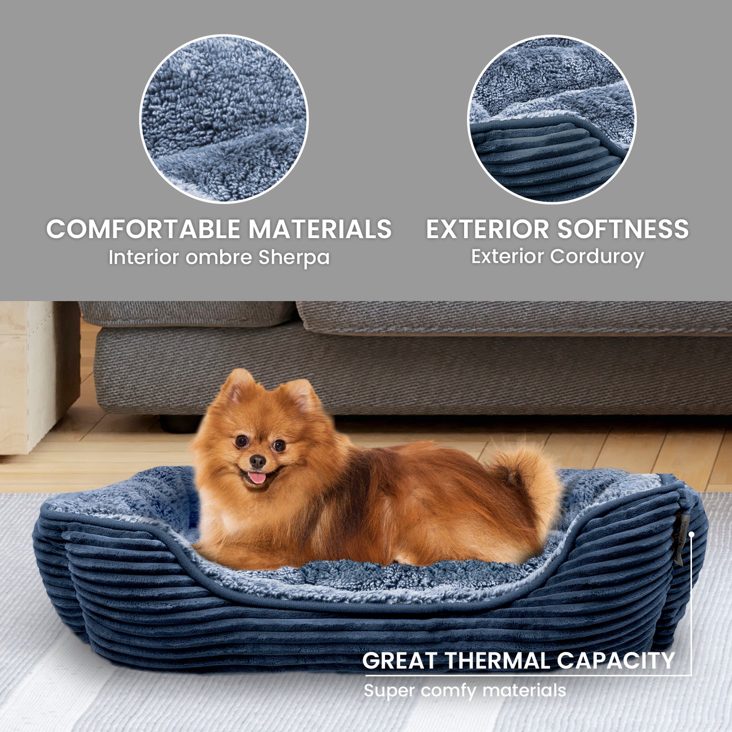 Details Dog Bed for Small  Dogs, Rectangle Durable Sleeping Calming Cuddler for Pets, Super Plush Corduroy Sherpa