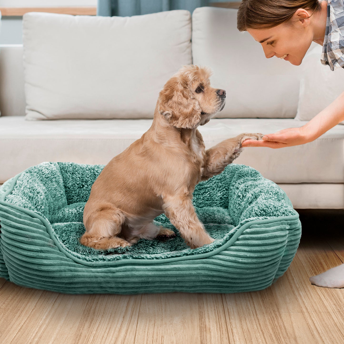 Details Dog Bed for Small  Dogs, Rectangle Durable Sleeping Calming Cuddler for Pets, Super Plush Corduroy Sherpa