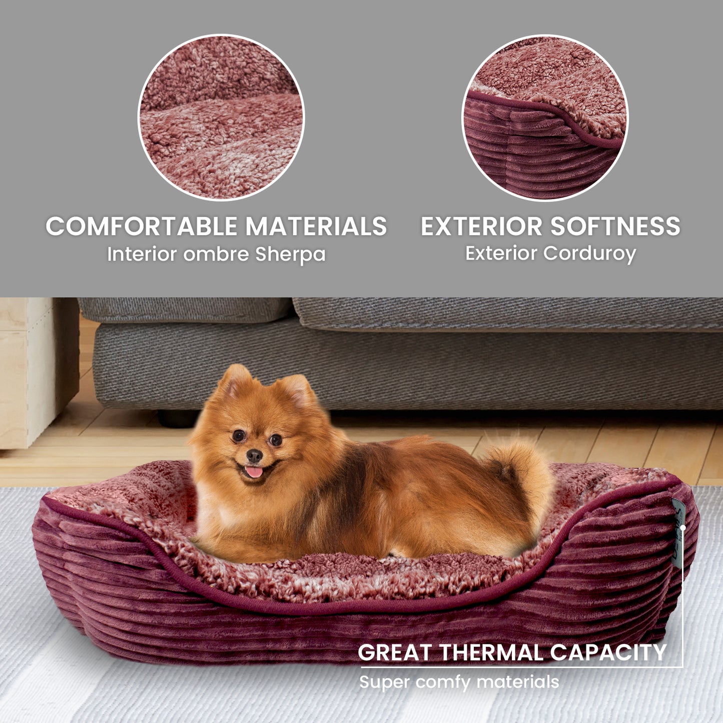 Details Dog Bed for Small  Dogs, Rectangle Durable Sleeping Calming Cuddler for Pets, Super Plush Corduroy Sherpa