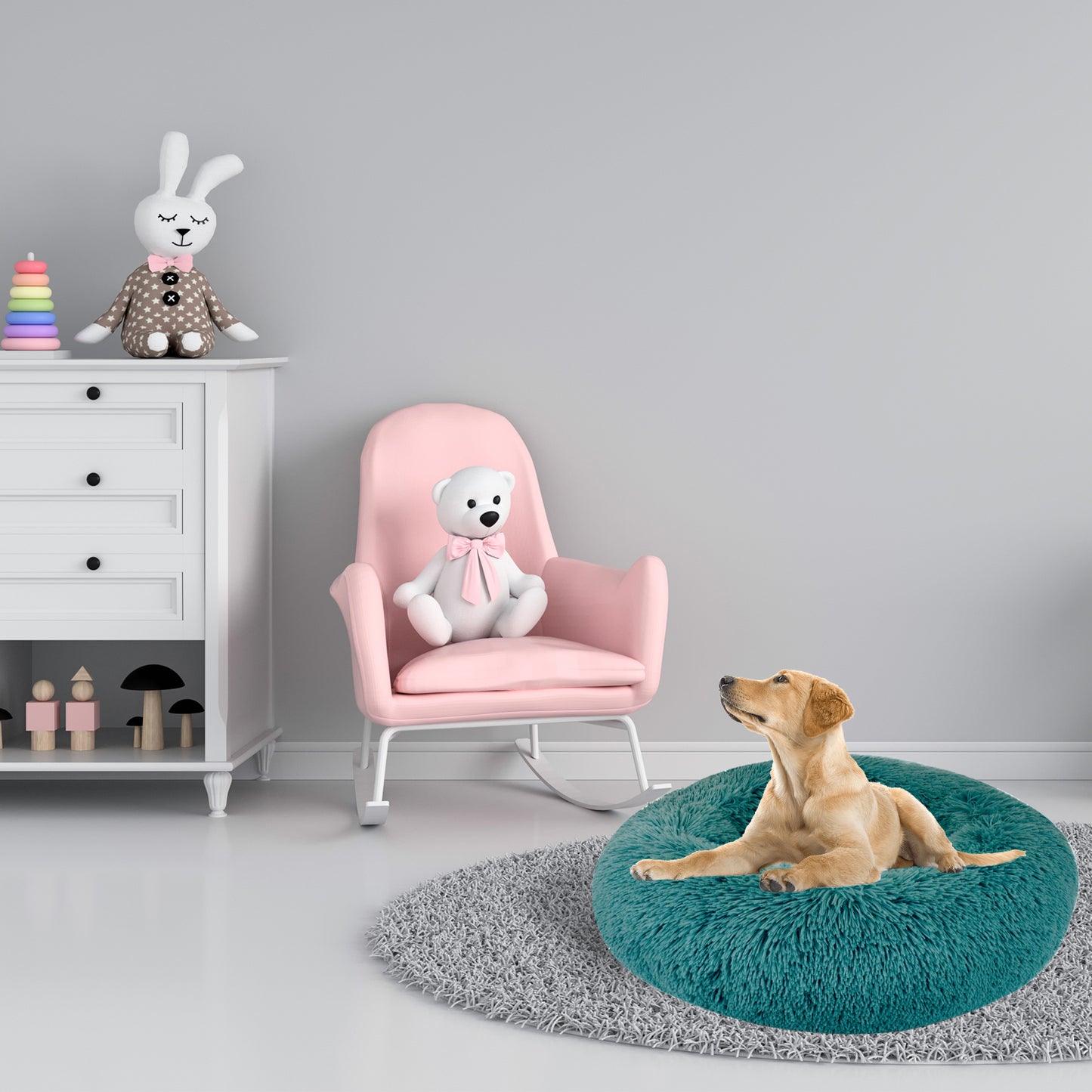 Details Calming Dog and Cat Bed, Soft Round Donut Bed for Pets, Super Lux, Shaggy Fur Cushion Beds