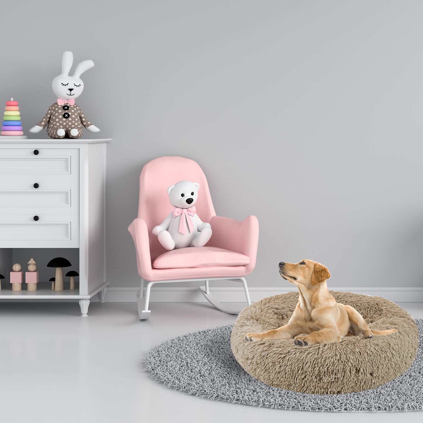 Details Calming Dog and Cat Bed, Soft Round Donut Bed for Pets, Super Lux, Shaggy Fur Cushion Beds