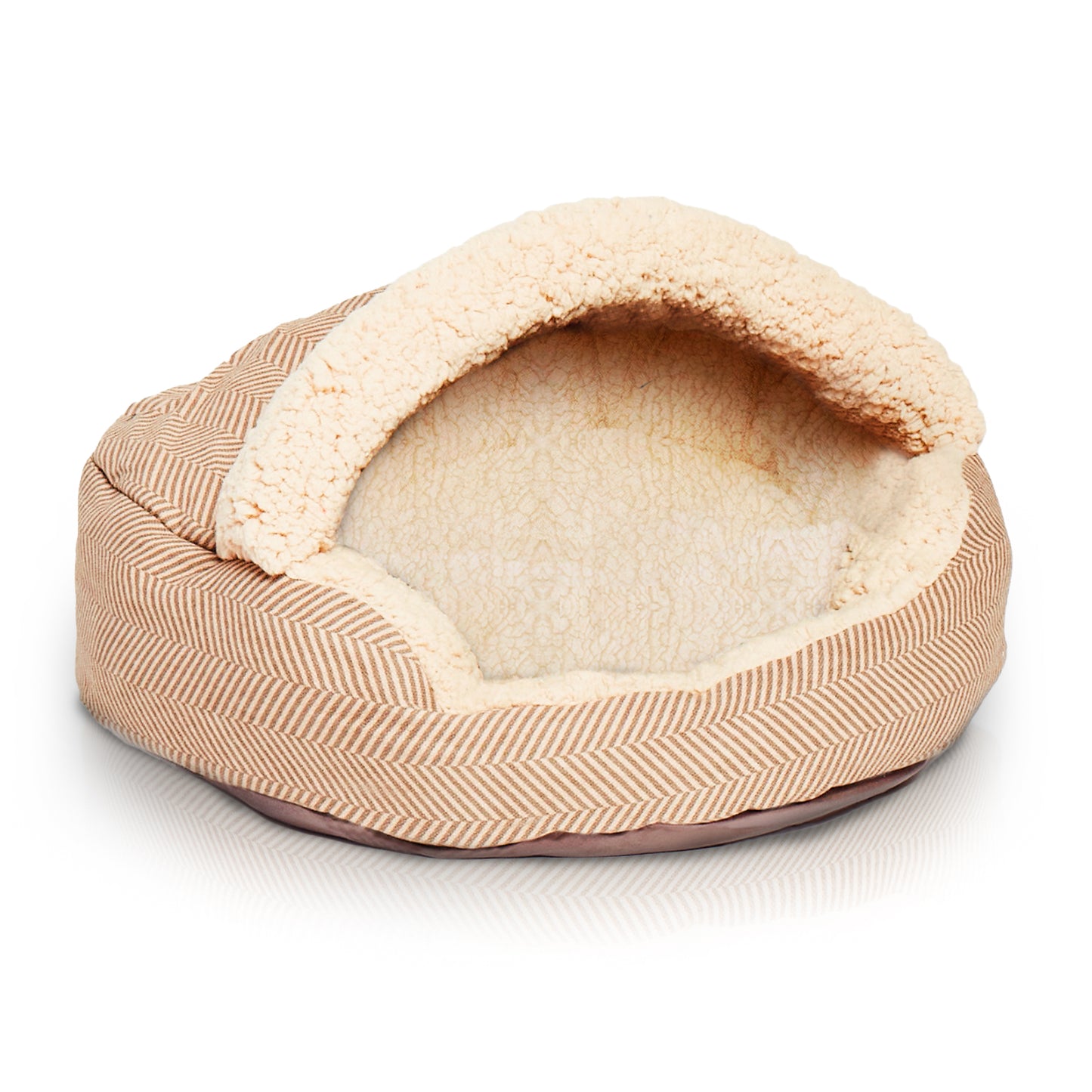 Details Pet Cave Bed, Calming Hooded Dog Bed with Pouch for Small Dogs and Cats, Herringbone Canvas Fleece Deep Dish