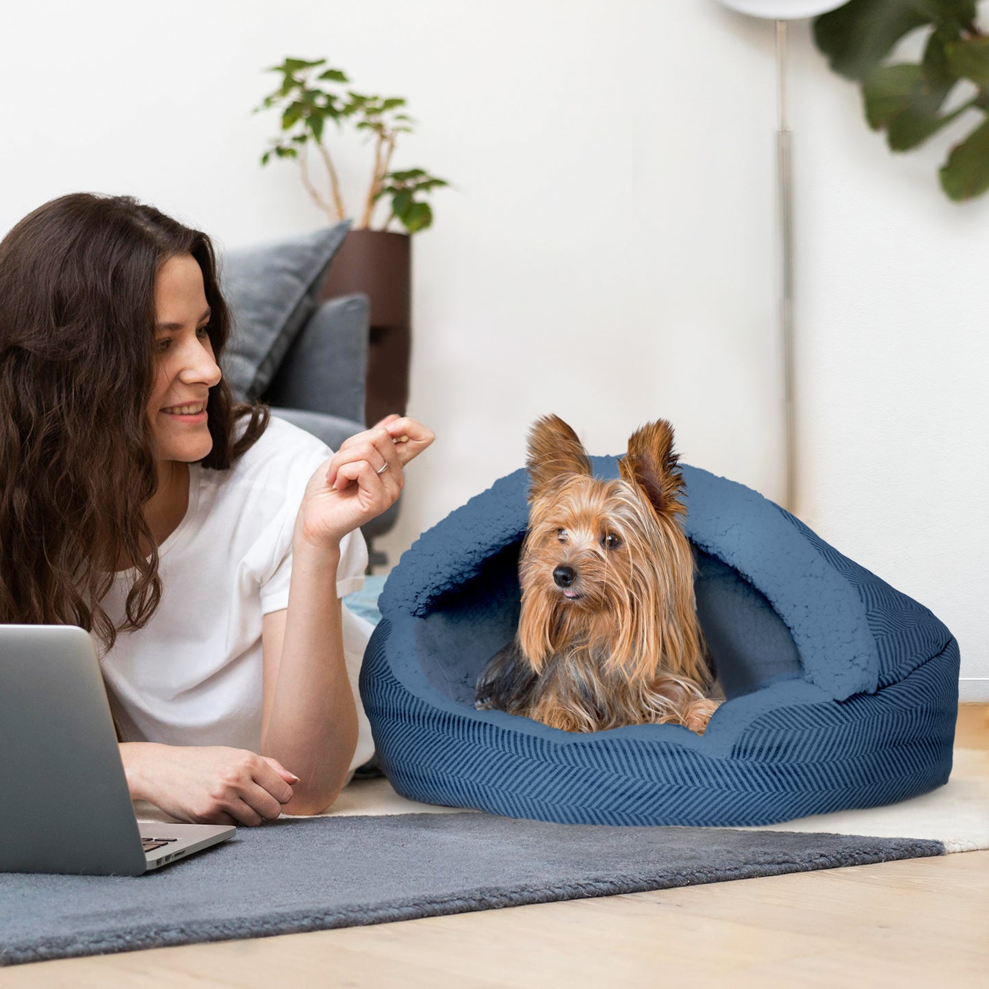 Details Pet Cave Bed, Calming Hooded Dog Bed with Pouch for Small Dogs and Cats, Herringbone Canvas Fleece Deep Dish