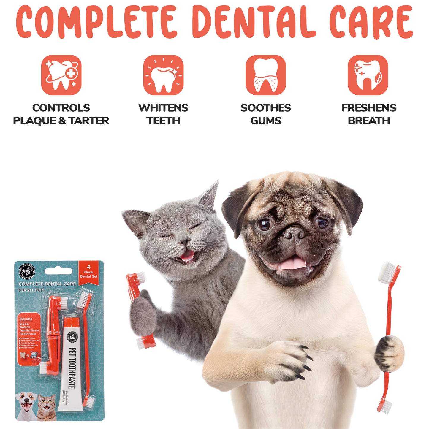 Precious Tails 2-Pc Pet Dental Kit for Dogs and Cats, Double Headed Tooth Hugger Brush and Vanilla Flavor Toothpaste Set