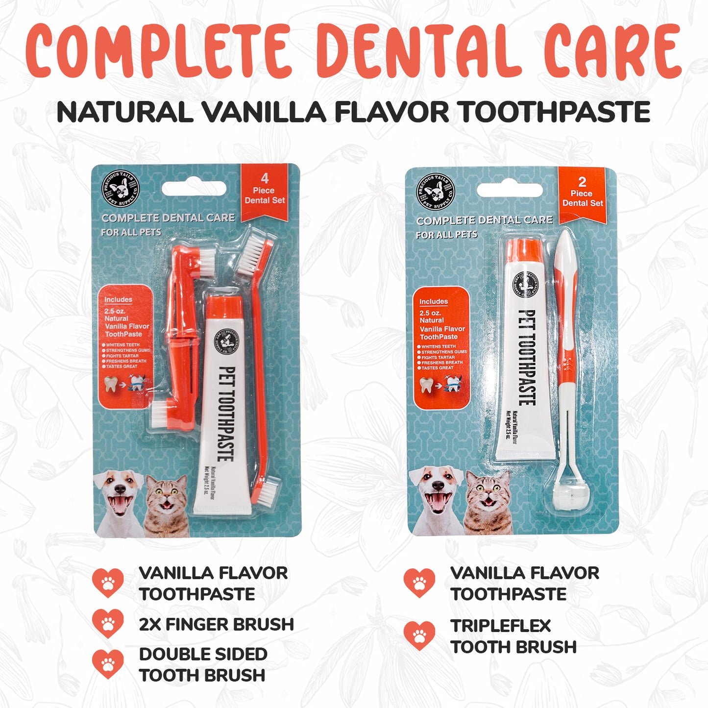 Precious Tails 2-Pc Pet Dental Kit for Dogs and Cats, Double Headed Tooth Hugger Brush and Vanilla Flavor Toothpaste Set