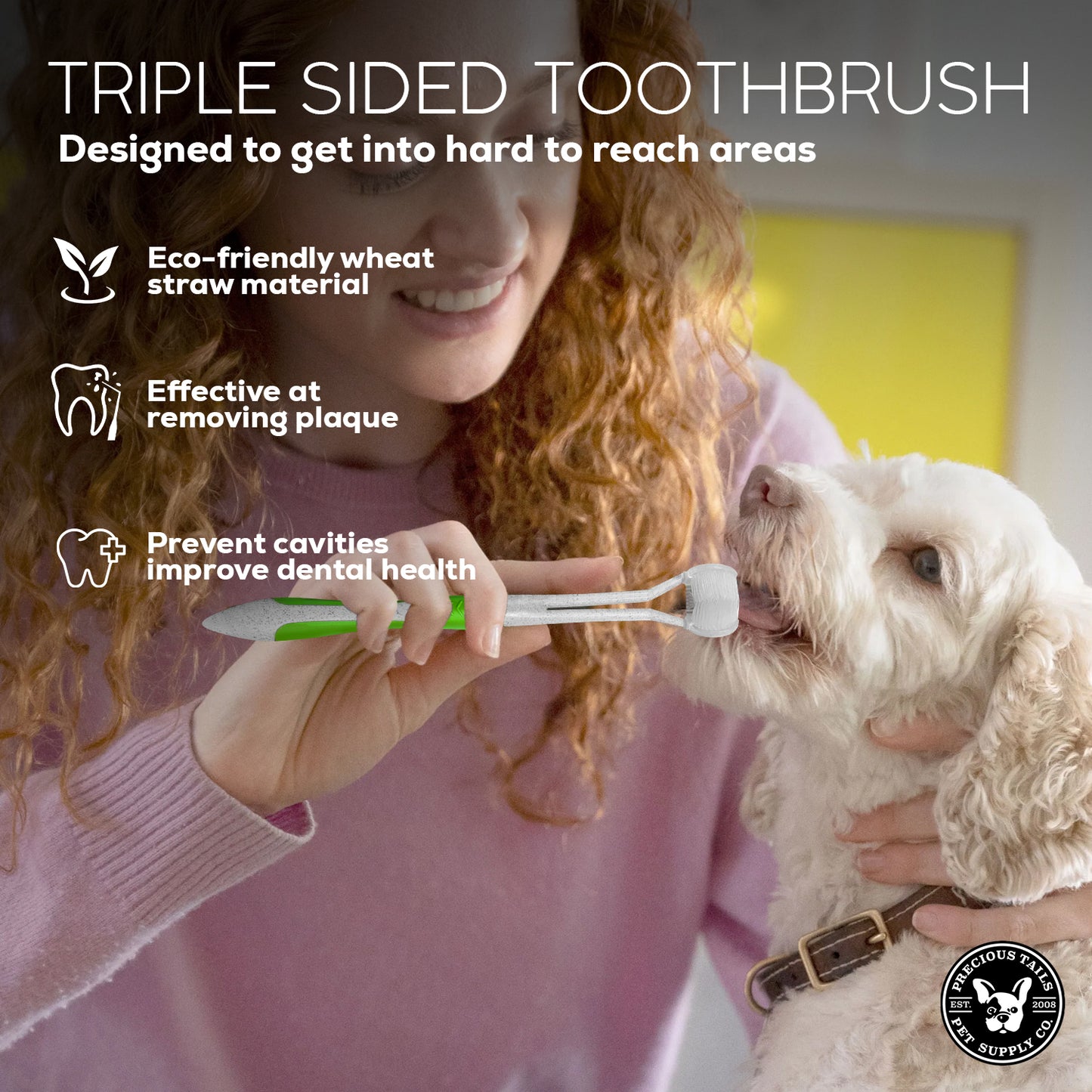 P.T. Supply Co. Triple-Sided Pet Toothbrush Kit, Eco-Friendly Wheat Straw Material for Dogs and Cats