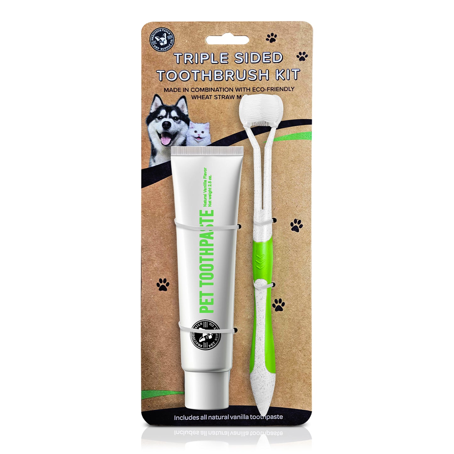 P.T. Supply Co. Triple-Sided Pet Toothbrush Kit, Eco-Friendly Wheat Straw Material for Dogs and Cats