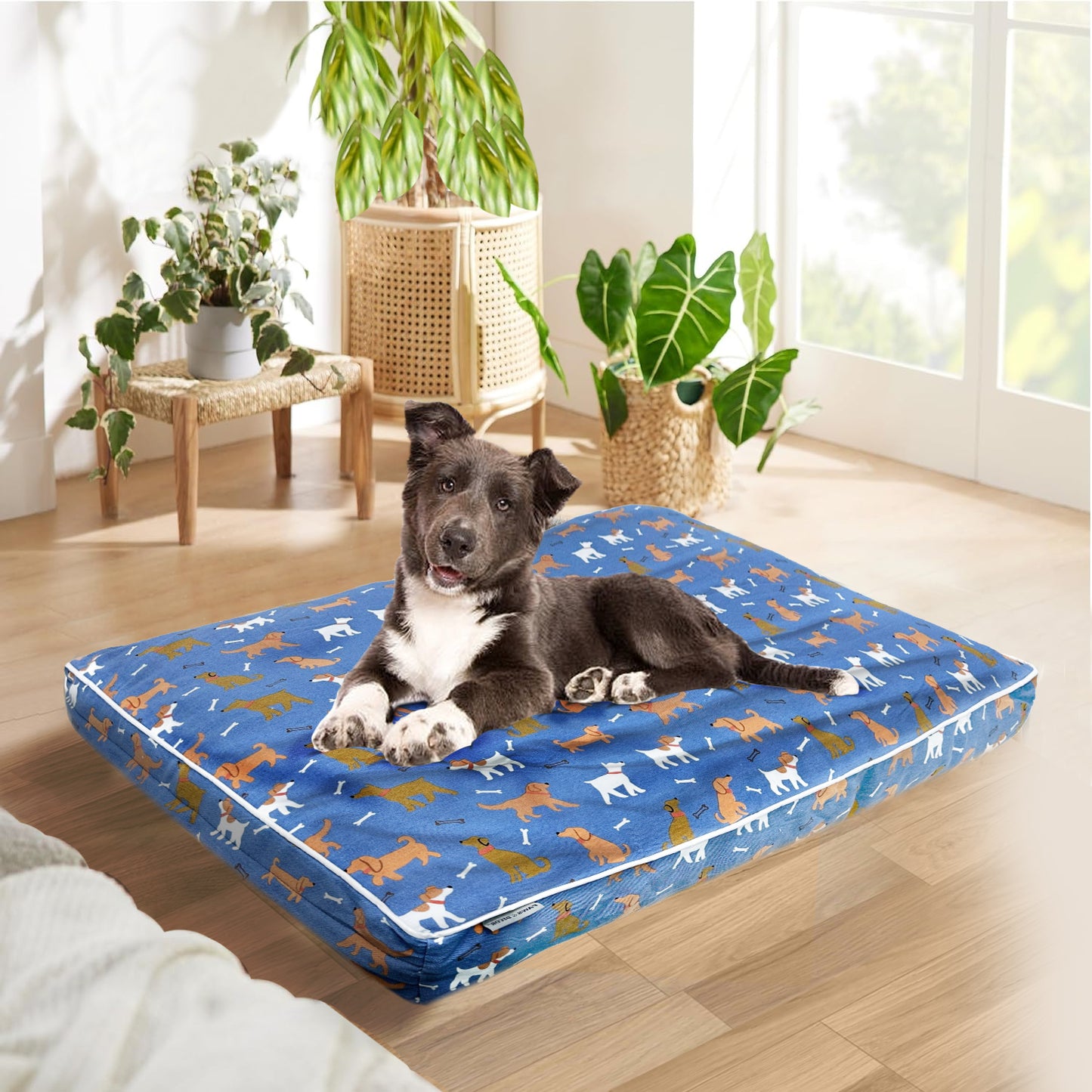 Paws and Décor Orthopedic Dog Bed With Dogs and Bones Print - Comfortable, Durable, and Supportive Pet Bed for Joint Health, Ideal for All Dog Breeds