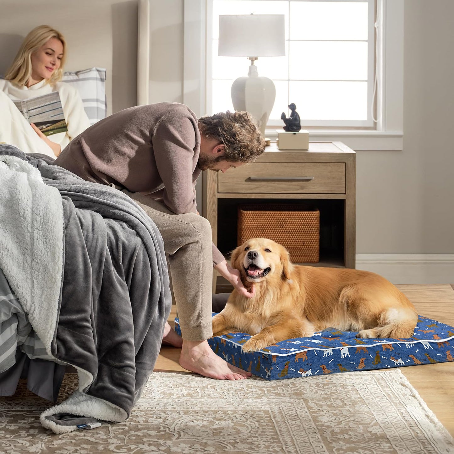 Paws and Décor Orthopedic Dog Bed With Dogs and Bones Print - Comfortable, Durable, and Supportive Pet Bed for Joint Health, Ideal for All Dog Breeds