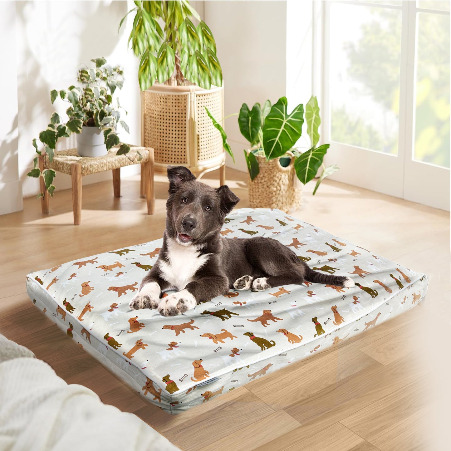 Paws and Décor Orthopedic Dog Bed With Dogs and Bones Print - Comfortable, Durable, and Supportive Pet Bed for Joint Health, Ideal for All Dog Breeds