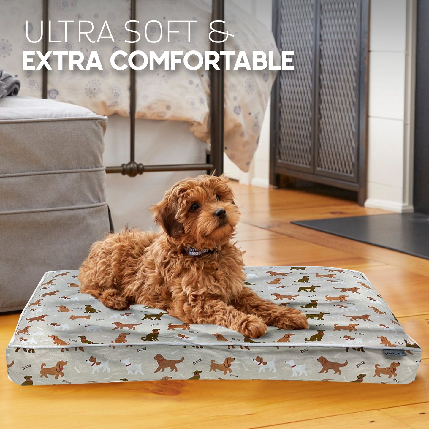 Paws and Décor Orthopedic Dog Bed With Dogs and Bones Print - Comfortable, Durable, and Supportive Pet Bed for Joint Health, Ideal for All Dog Breeds