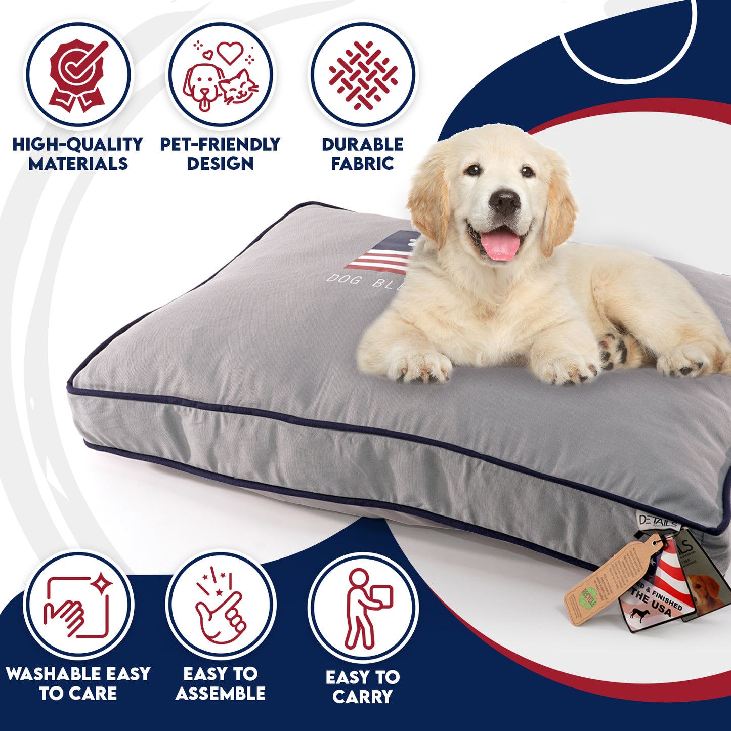 Details Orthopedic Pet Pillow Bed, Dog Crate Beds Foam Cushion with Removable and Washable Cover, God Bless America