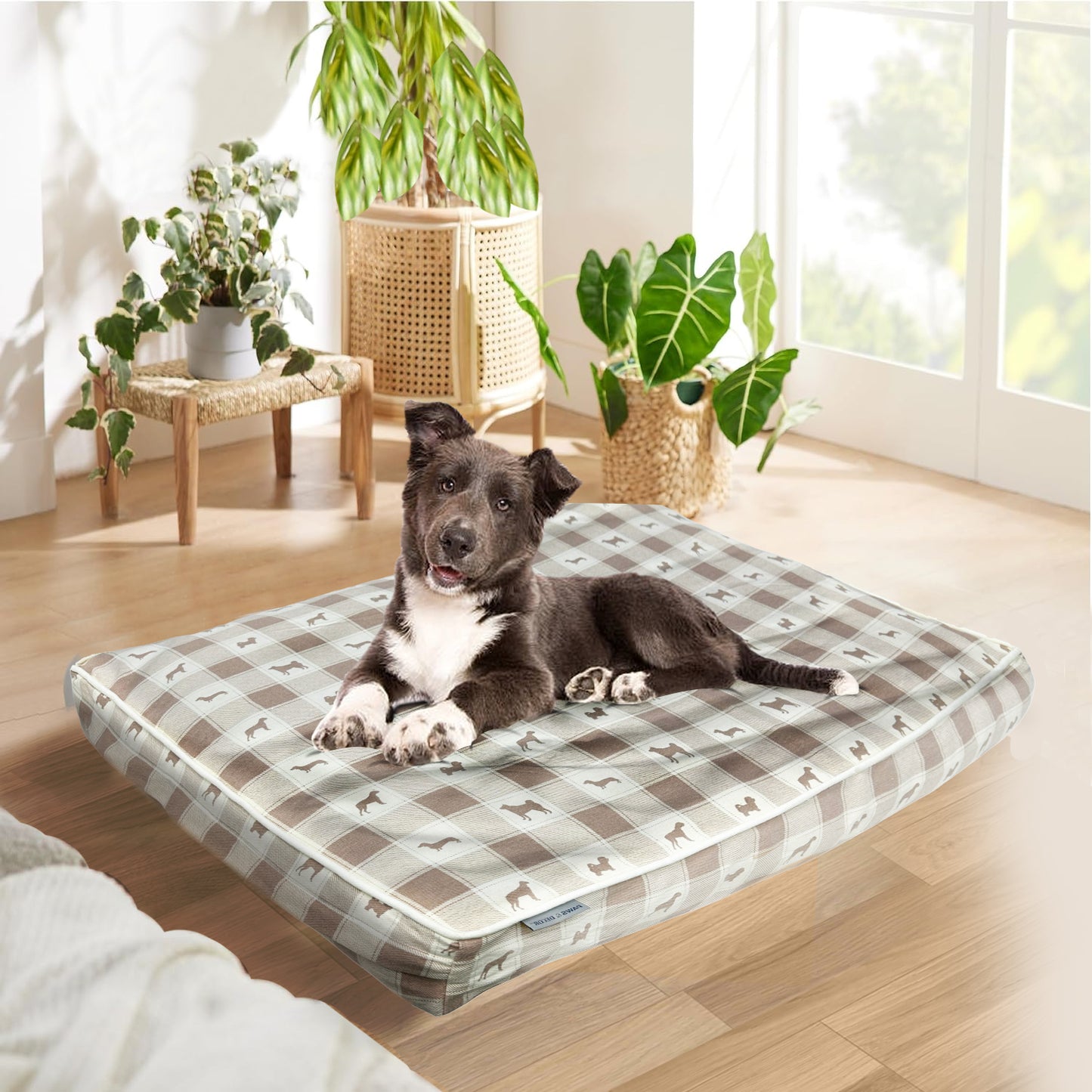 Paws and Décor Taupe Plaid Comfort Dog Bed - Elegant, Soft, and Durable Pet Bed for Dogs - High-Quality, Orthopedic Sleeping Pad with Fashionable Design