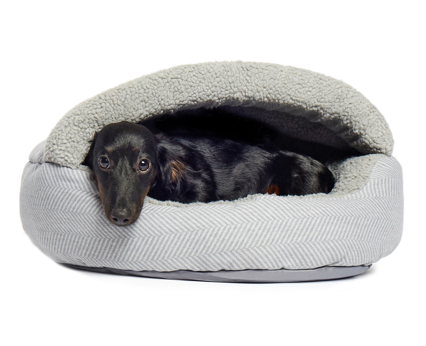 Details Pet Cave Bed, Calming Hooded Dog Bed with Pouch for Small Dogs and Cats, Herringbone Canvas Fleece Deep Dish