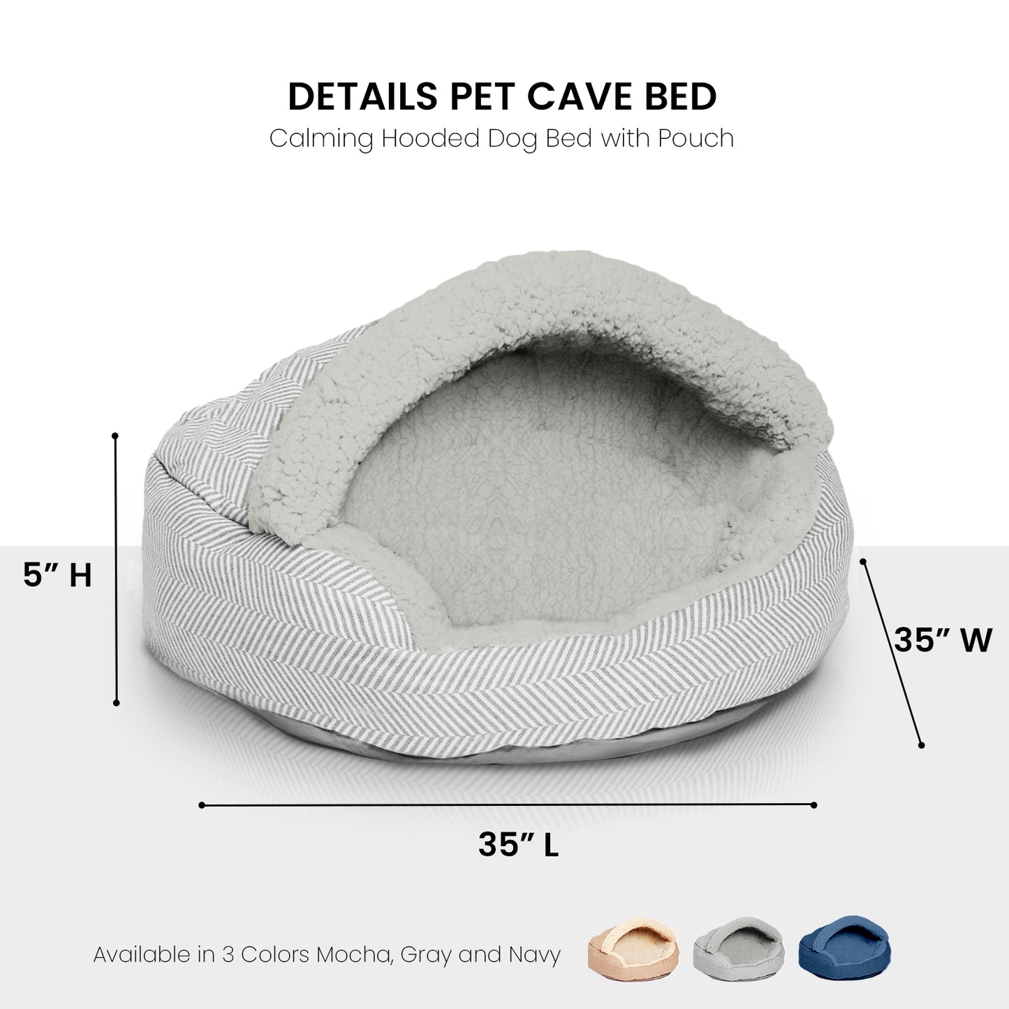 Details Pet Cave Bed, Calming Hooded Dog Bed with Pouch for Small Dogs and Cats, Herringbone Canvas Fleece Deep Dish