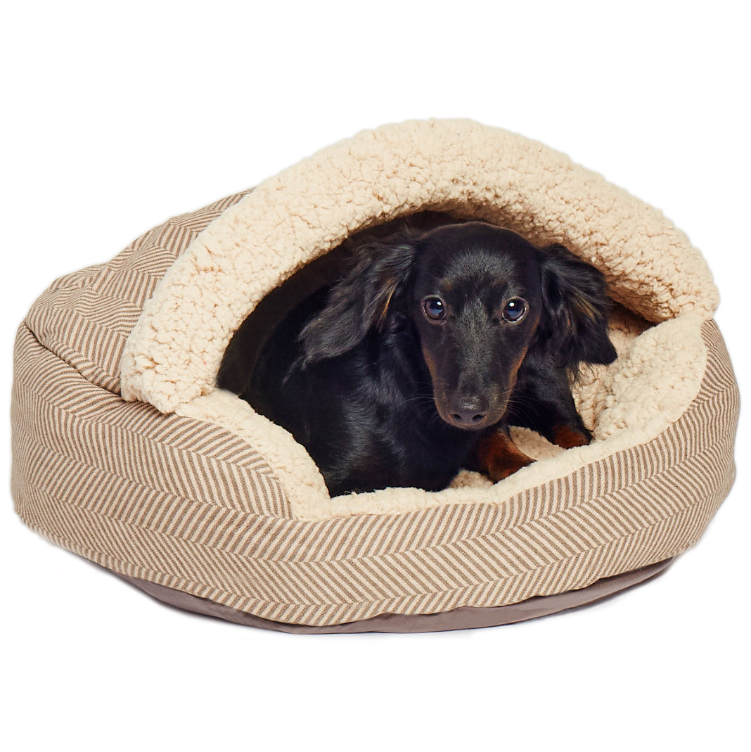 Details Pet Cave Bed, Calming Hooded Dog Bed with Pouch for Small Dogs and Cats, Herringbone Canvas Fleece Deep Dish