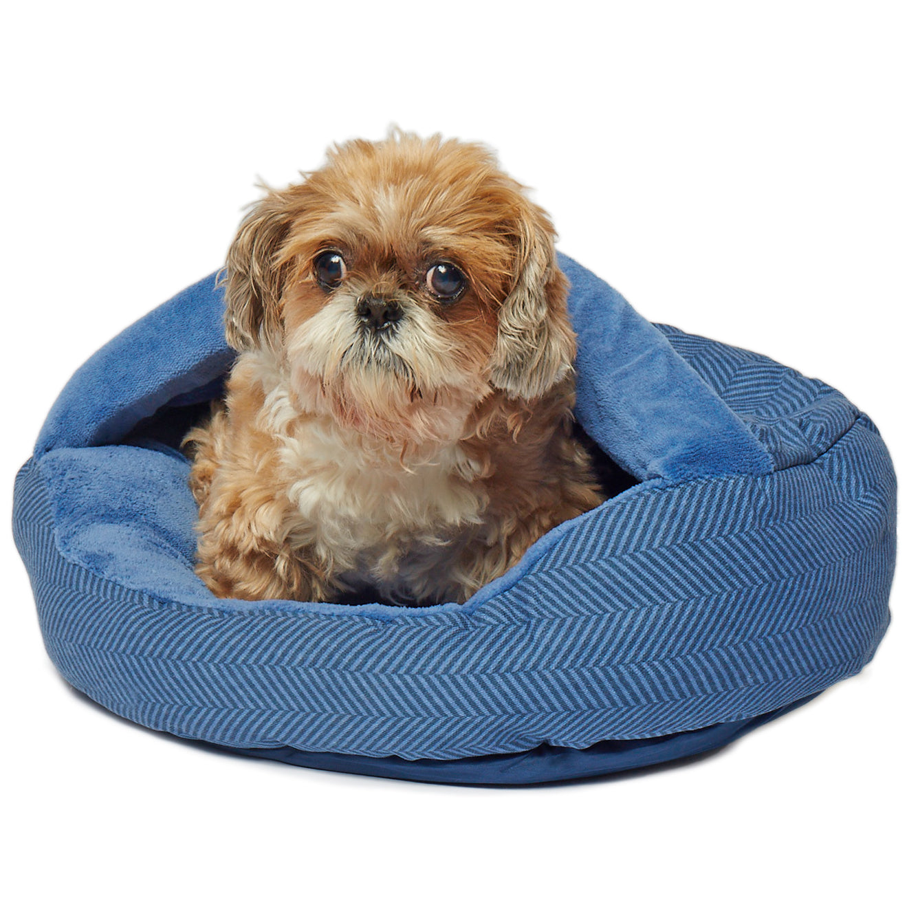 Details Pet Cave Bed, Calming Hooded Dog Bed with Pouch for Small Dogs and Cats, Herringbone Canvas Fleece Deep Dish