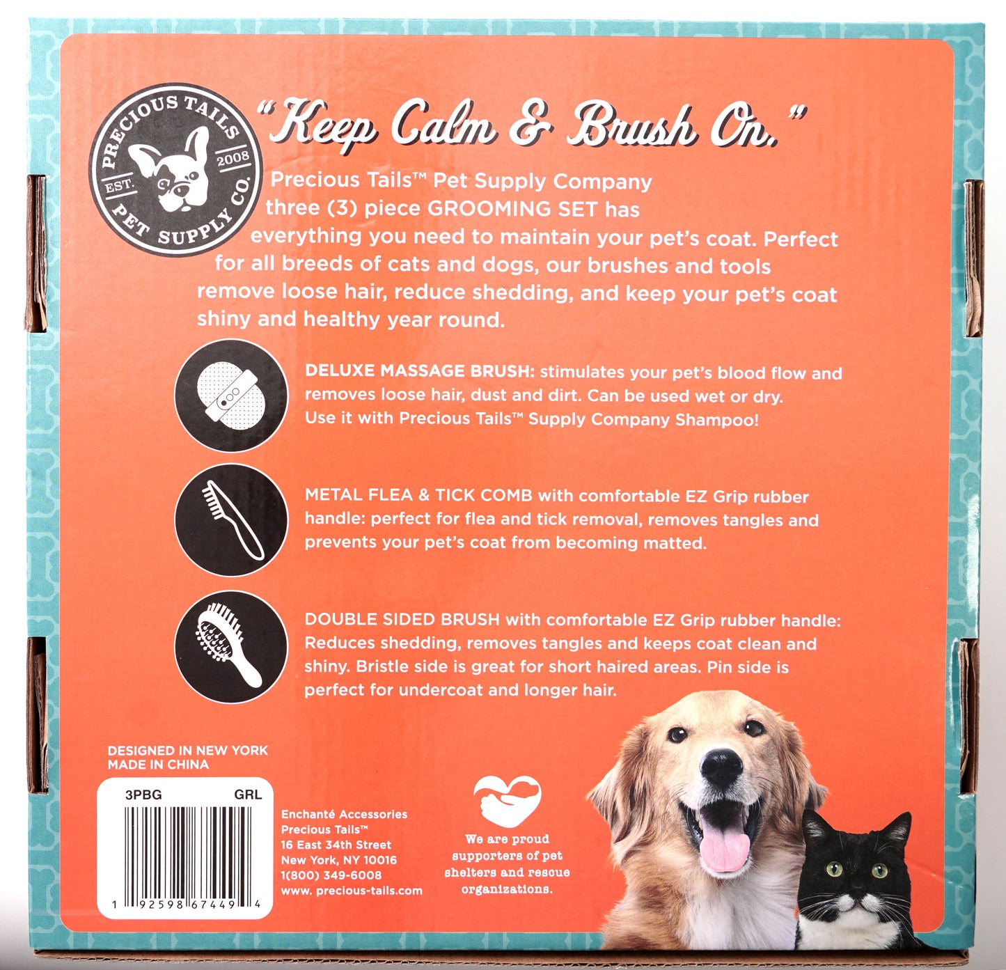 Precious Tails 3-Piece Pet Grooming Kit for Dogs and Cats, Brush Set for Removing Tangled Fur