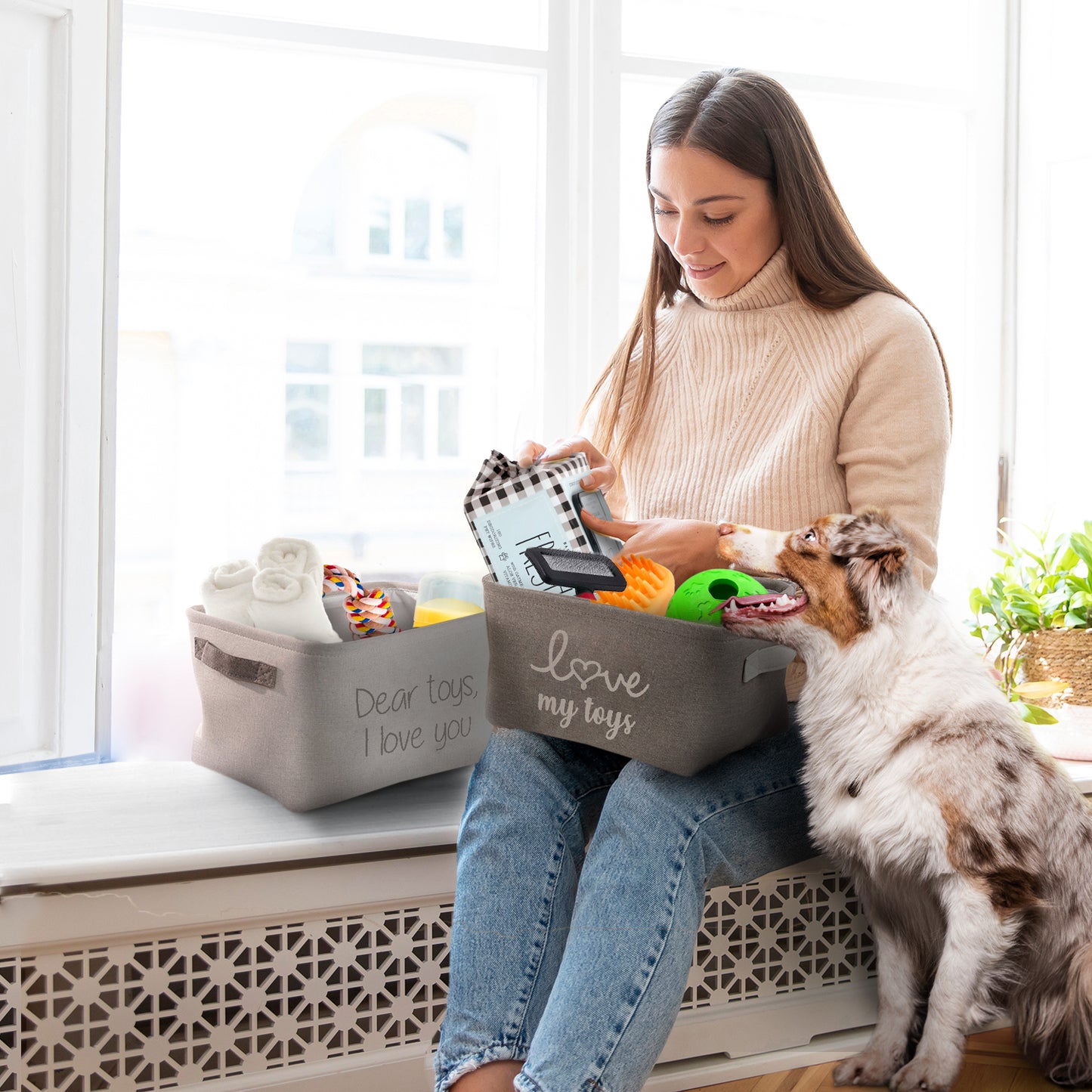 Home Base 3 Pack Dog Toy Storage Basket Bins, Collapsible Box Organizer for Organizing Pet Accessories, Clothes, Clothing