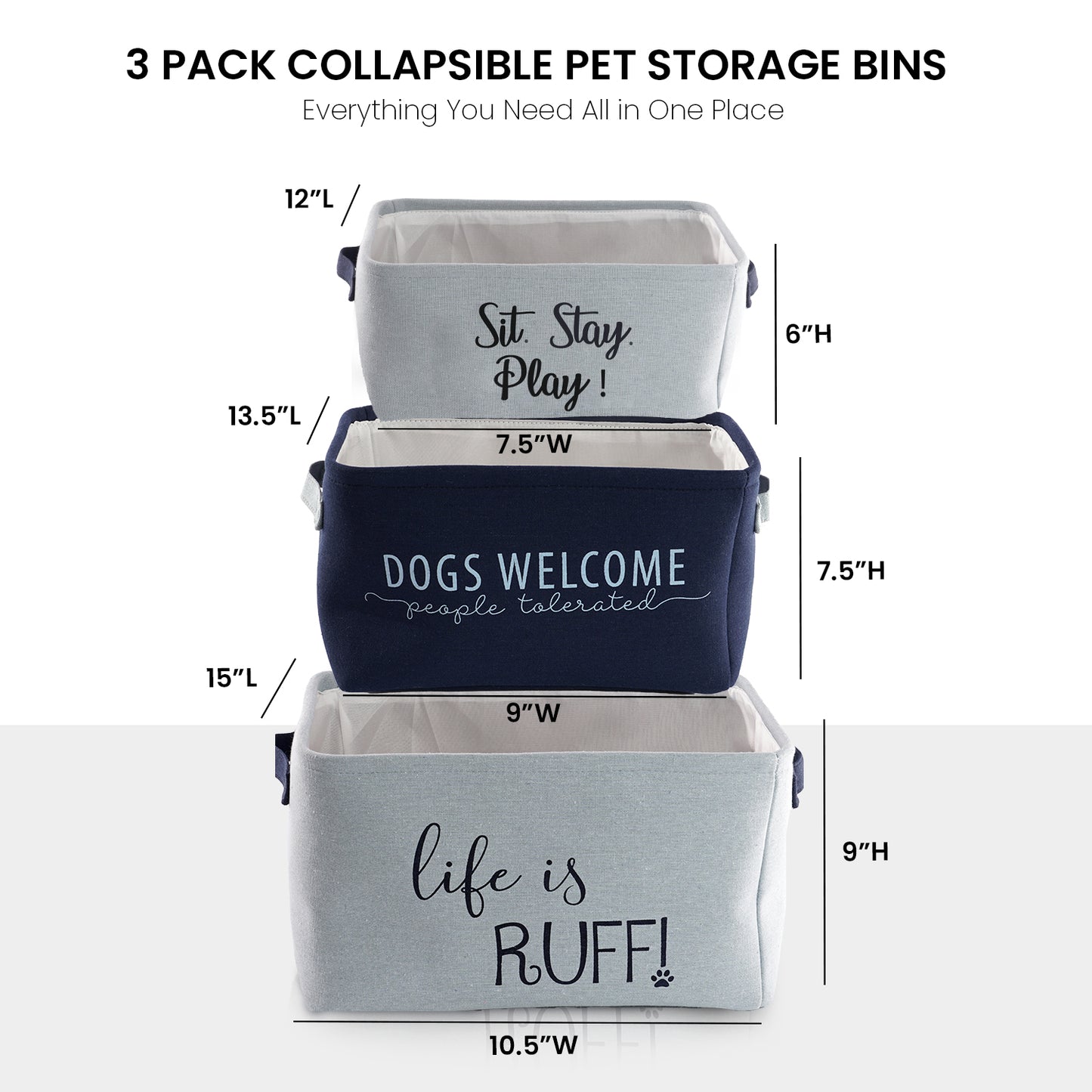 Home Base 3 Pack Dog Toy Storage Basket Bins, Collapsible Box Organizer for Organizing Pet Accessories, Clothes, Clothing