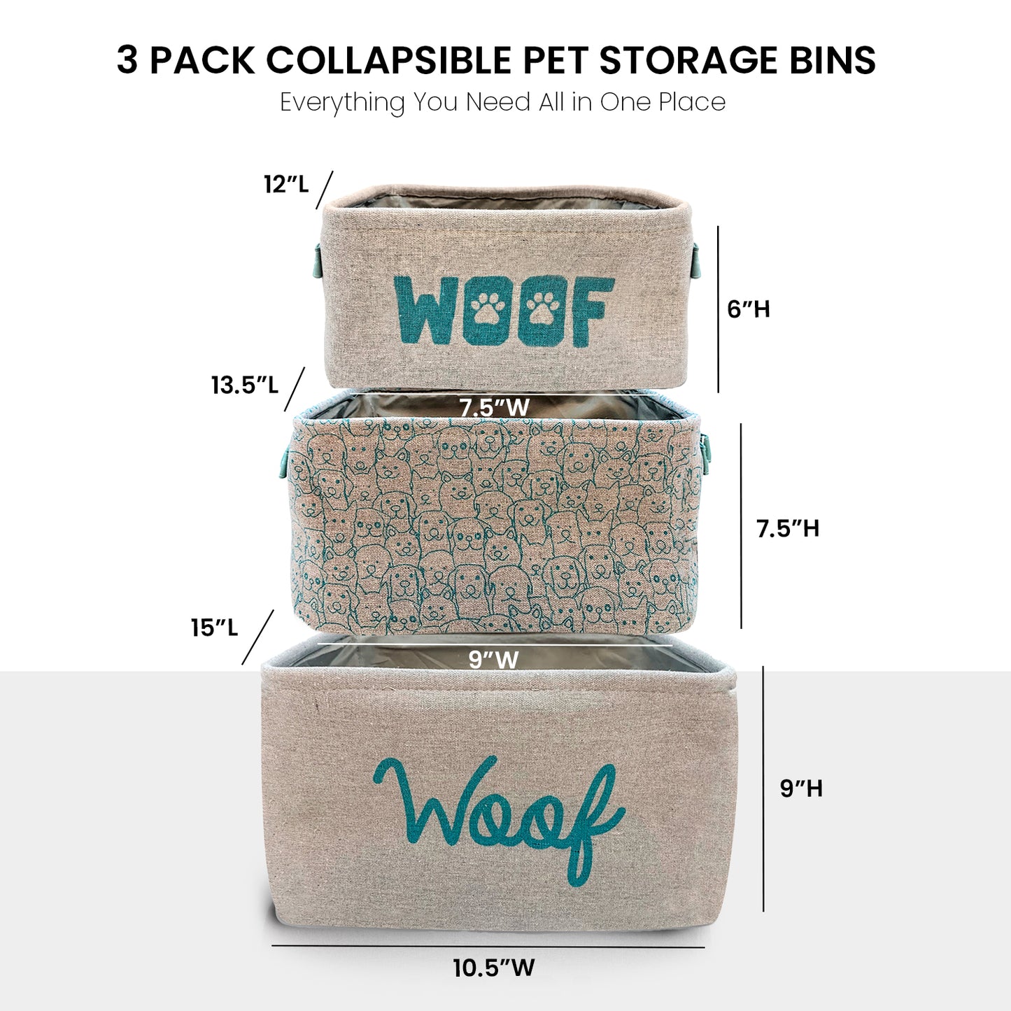 Home Base 3 Pack Dog Toy Storage Basket Bins, Collapsible Box Organizer for Organizing Pet Accessories, Clothes, Clothing