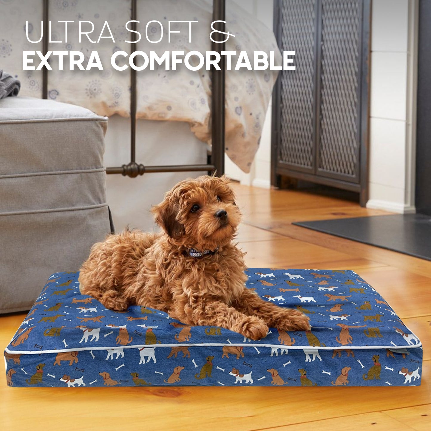 Paws and Décor Orthopedic Dog Bed With Dogs and Bones Print - Comfortable, Durable, and Supportive Pet Bed for Joint Health, Ideal for All Dog Breeds