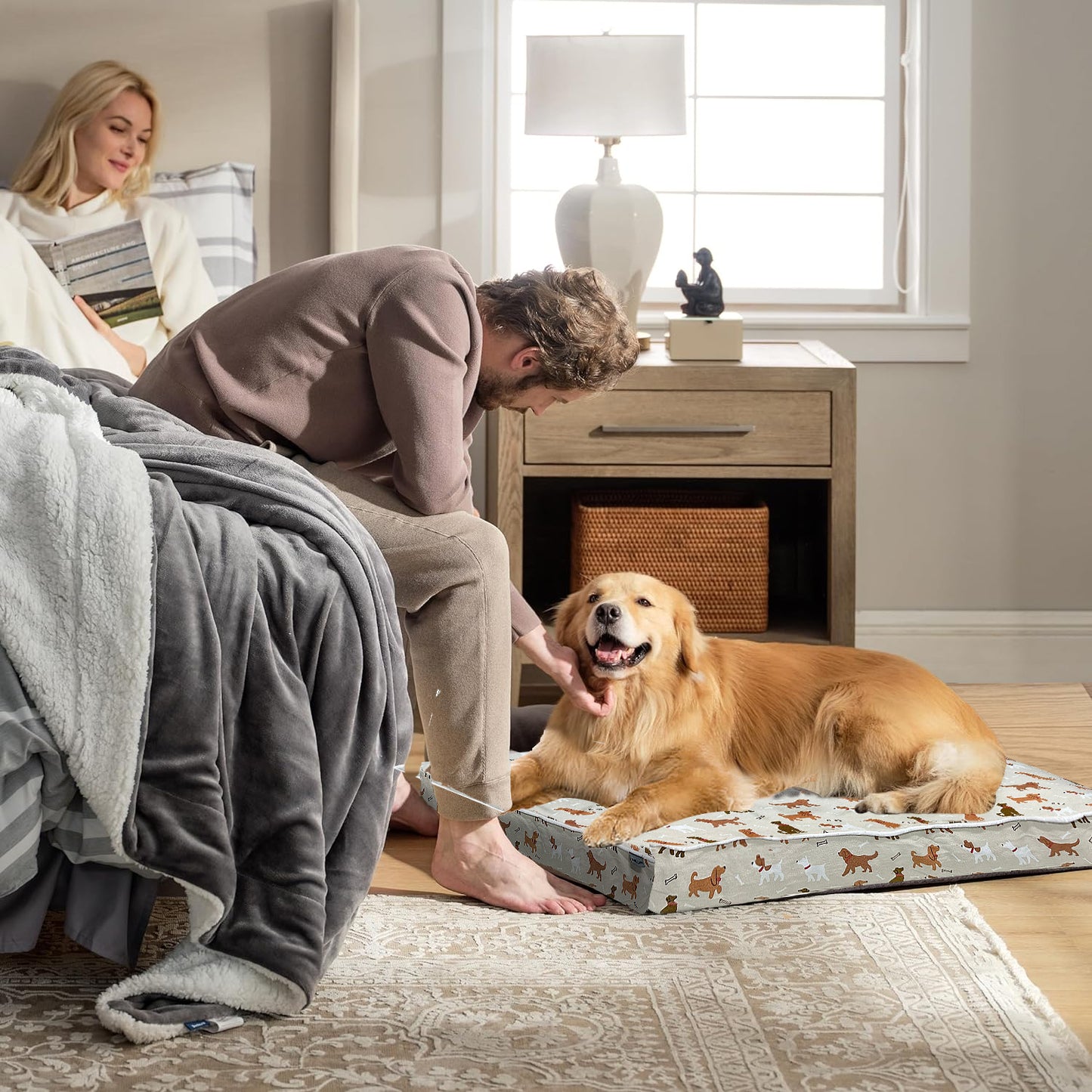 Paws and Décor Orthopedic Dog Bed With Dogs and Bones Print - Comfortable, Durable, and Supportive Pet Bed for Joint Health, Ideal for All Dog Breeds