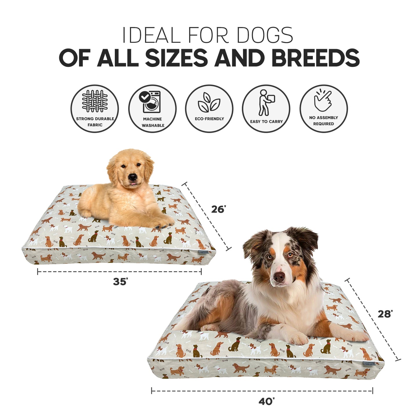 Paws and Décor Orthopedic Dog Bed With Dogs and Bones Print - Comfortable, Durable, and Supportive Pet Bed for Joint Health, Ideal for All Dog Breeds