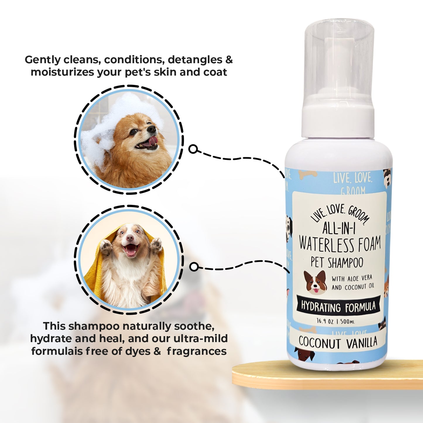 Precious Tails Live. Love. Groom. All-In-1 Dry Shampoo, Waterless Foam Pet Shampoo, Cleans, Conditions, Detangles, Moisturizes, 500ml