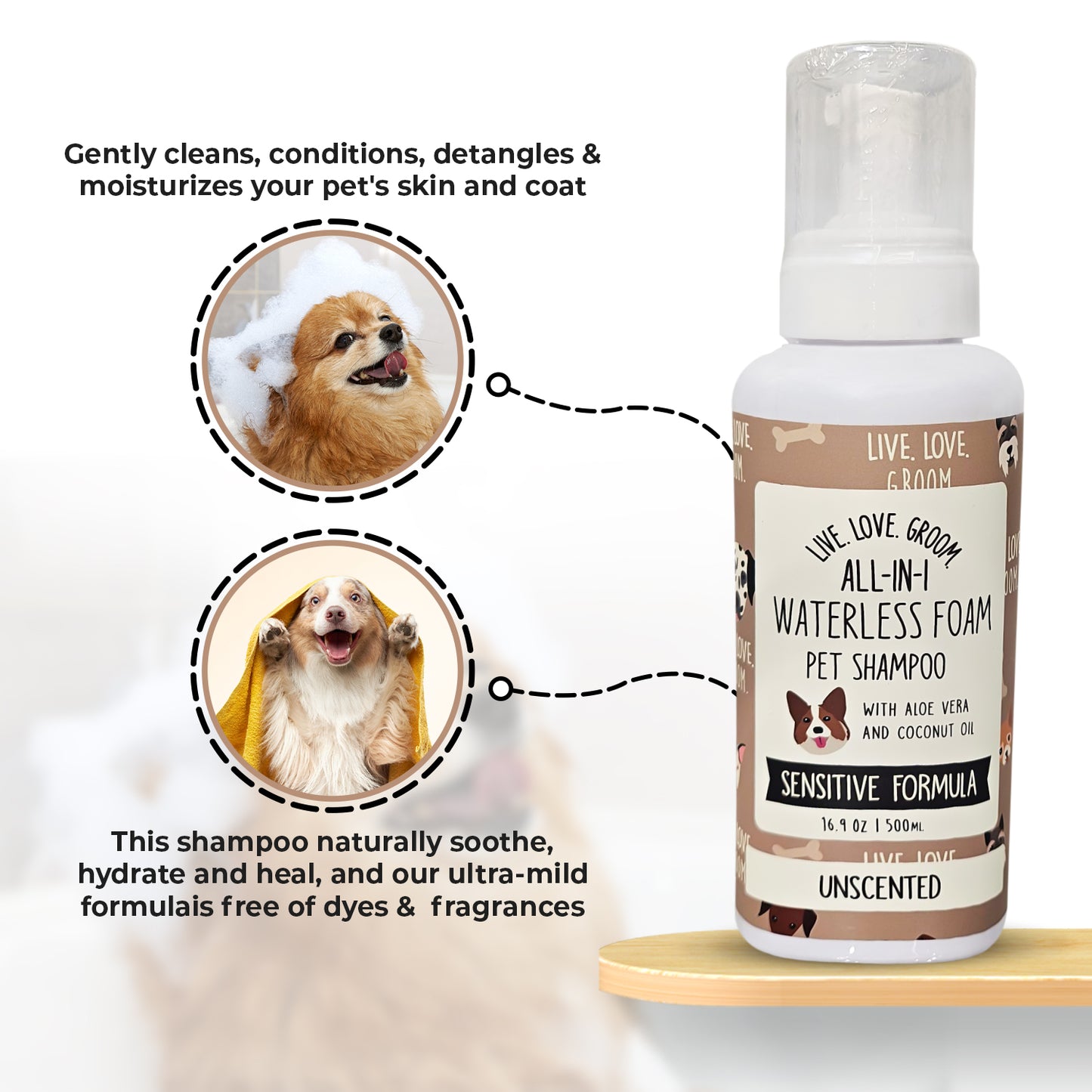 Precious Tails Live. Love. Groom. All-In-1 Dry Shampoo, Waterless Foam Pet Shampoo, Cleans, Conditions, Detangles, Moisturizes, 500ml