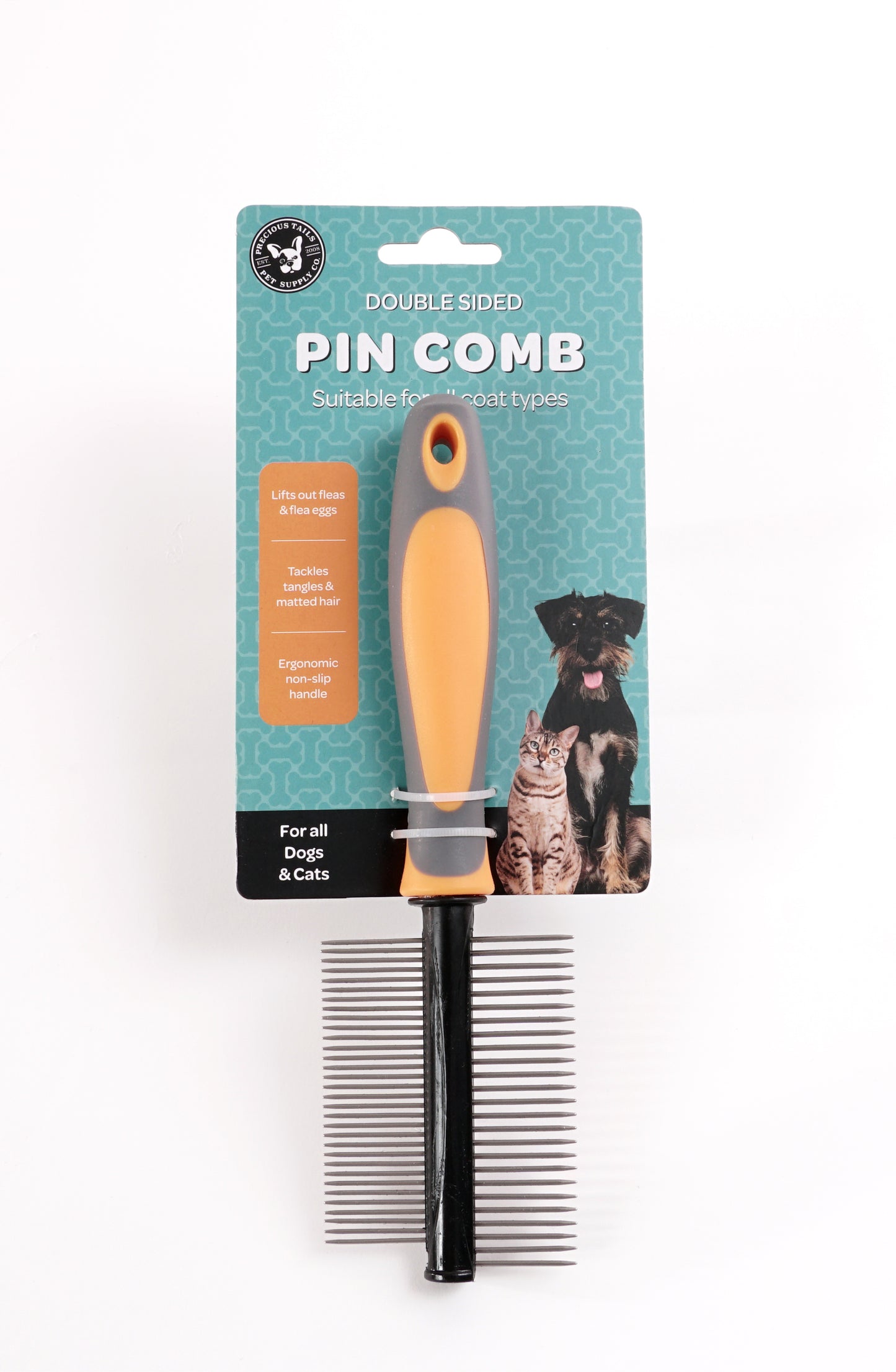 Precious Tails Dog Cat Pet Comb, Tick and Flea Comb, Detangling Pet Comb, Metal Comb for Removing Matted Fur Knots and Tangles, Double Sided Pin Metal Comb