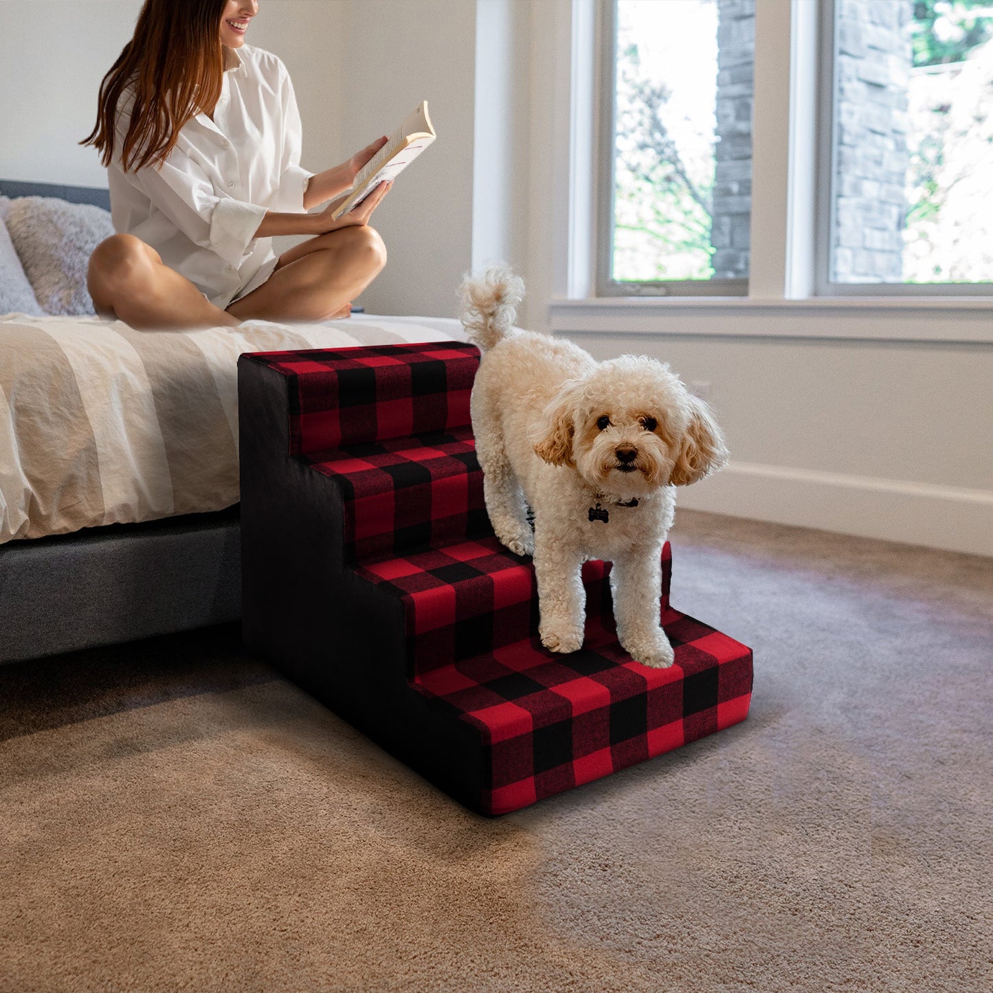 Home Base Dog Steps 4-Step Design, Pet Stairs for Small Dogs and Cats, Ramp for High Beds and Couch, Plaid, Soft, High Density Foam