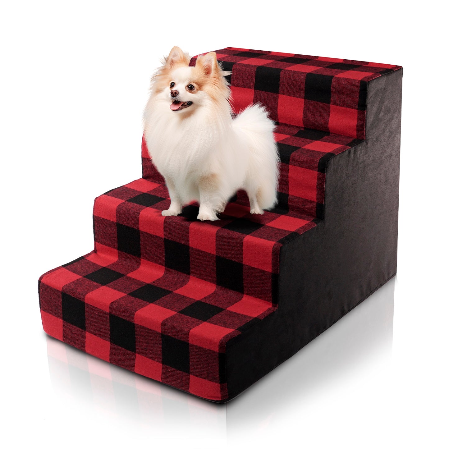 Home Base Dog Steps 4-Step Design, Pet Stairs for Small Dogs and Cats, Ramp for High Beds and Couch, Plaid, Soft, High Density Foam