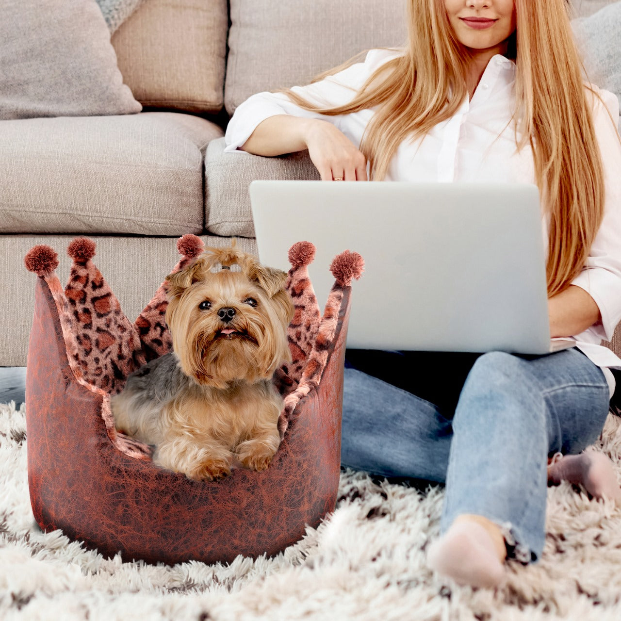 Dream Black Label Leopard Print Crown Dog Bed, Washable Round Cat Bed, Elegant Royal Design, Indoor Cuddler Pet Beds for Puppy and Kitten