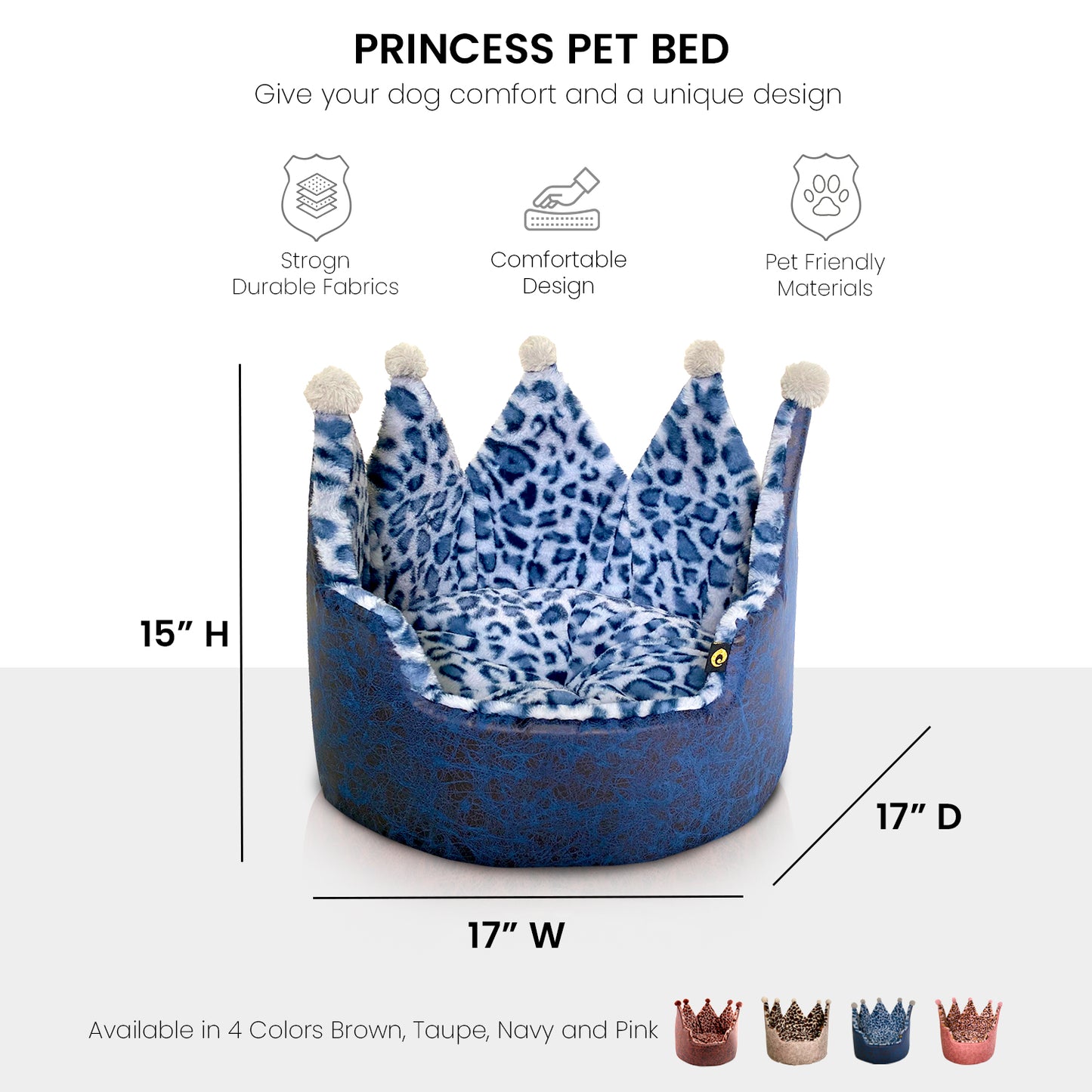 Dream Black Label Leopard Print Crown Dog Bed, Washable Round Cat Bed, Elegant Royal Design, Indoor Cuddler Pet Beds for Puppy and Kitten