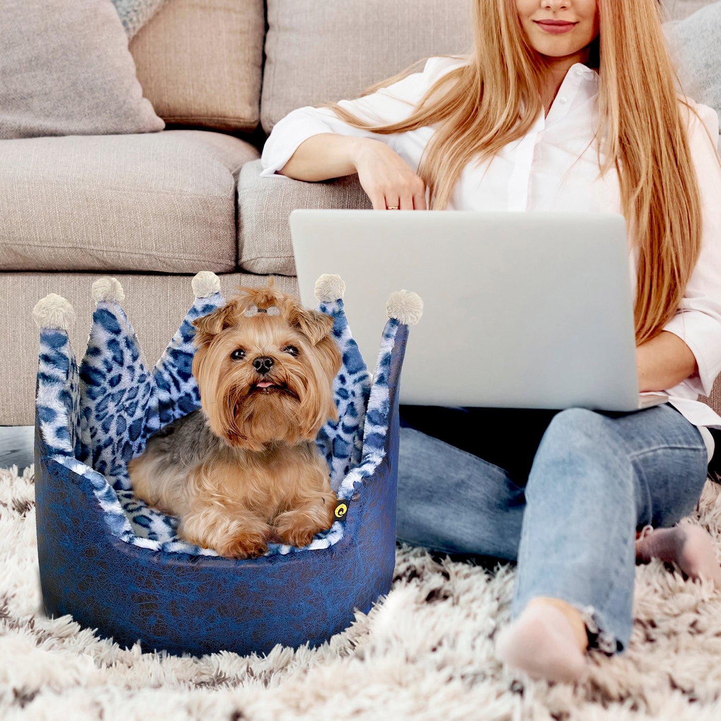 Dream Black Label Leopard Print Crown Dog Bed, Washable Round Cat Bed, Elegant Royal Design, Indoor Cuddler Pet Beds for Puppy and Kitten