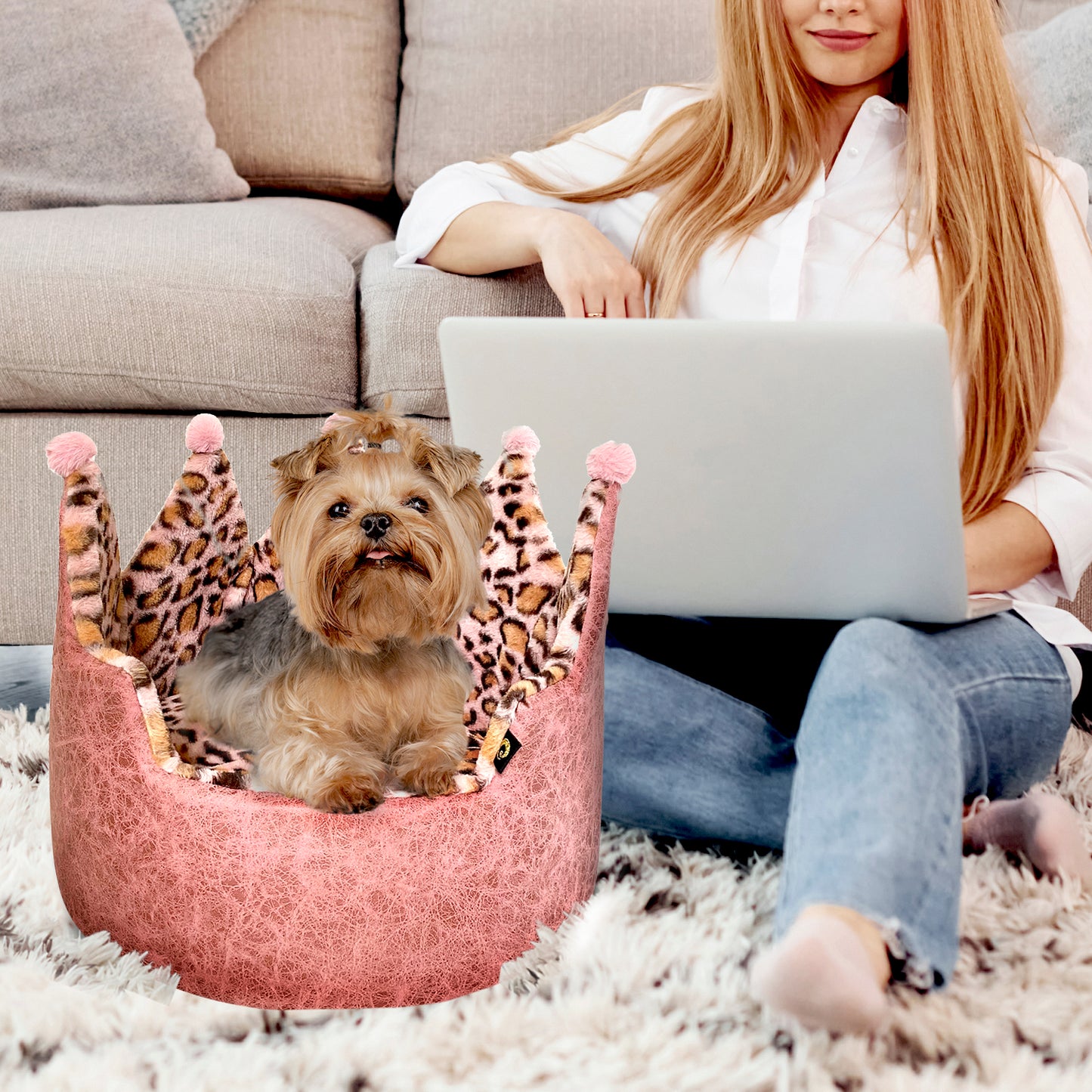 Dream Black Label Leopard Print Crown Dog Bed, Washable Round Cat Bed, Elegant Royal Design, Indoor Cuddler Pet Beds for Puppy and Kitten