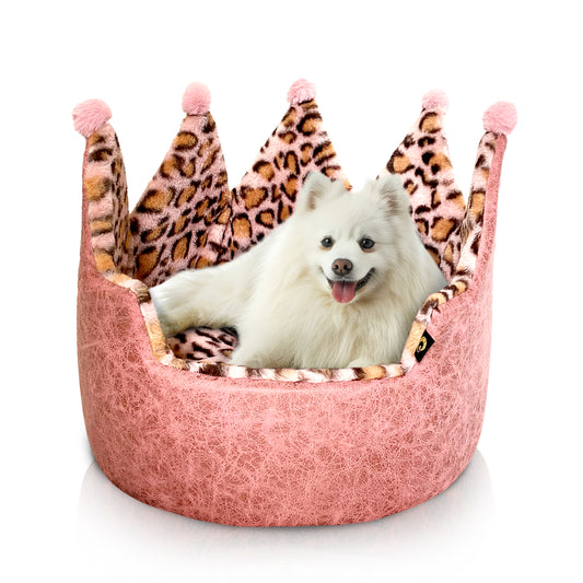 Dream Black Label Leopard Print Crown Dog Bed, Washable Round Cat Bed, Elegant Royal Design, Indoor Cuddler Pet Beds for Puppy and Kitten