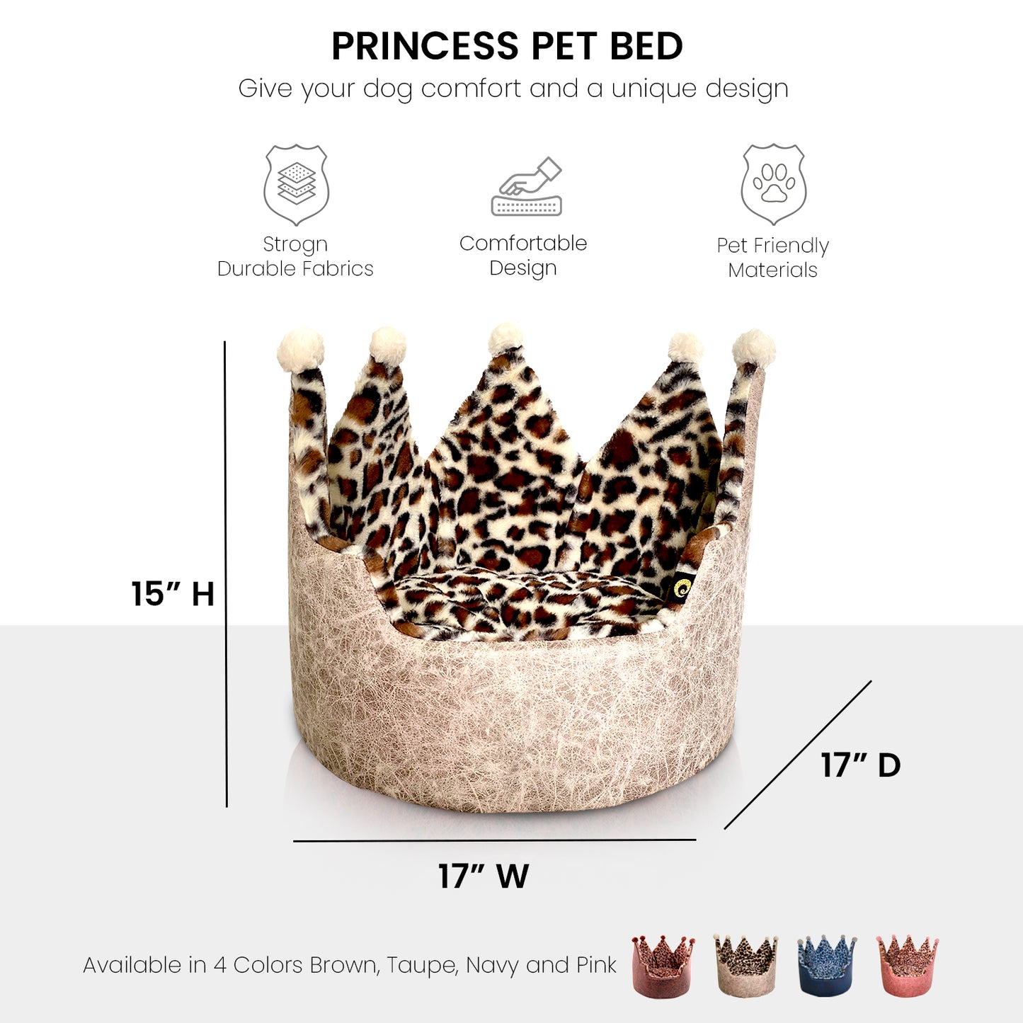 Dream Black Label Leopard Print Crown Dog Bed, Washable Round Cat Bed, Elegant Royal Design, Indoor Cuddler Pet Beds for Puppy and Kitten