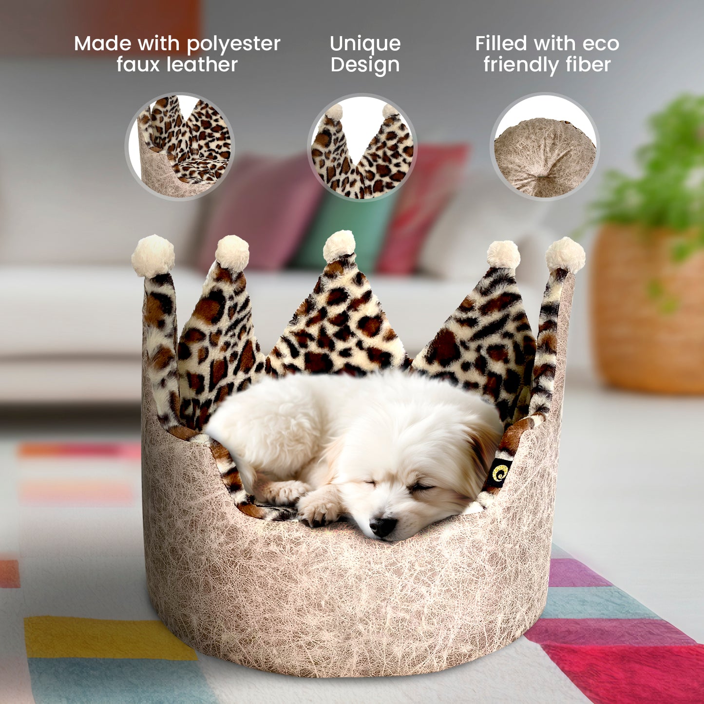 Dream Black Label Leopard Print Crown Dog Bed, Washable Round Cat Bed, Elegant Royal Design, Indoor Cuddler Pet Beds for Puppy and Kitten