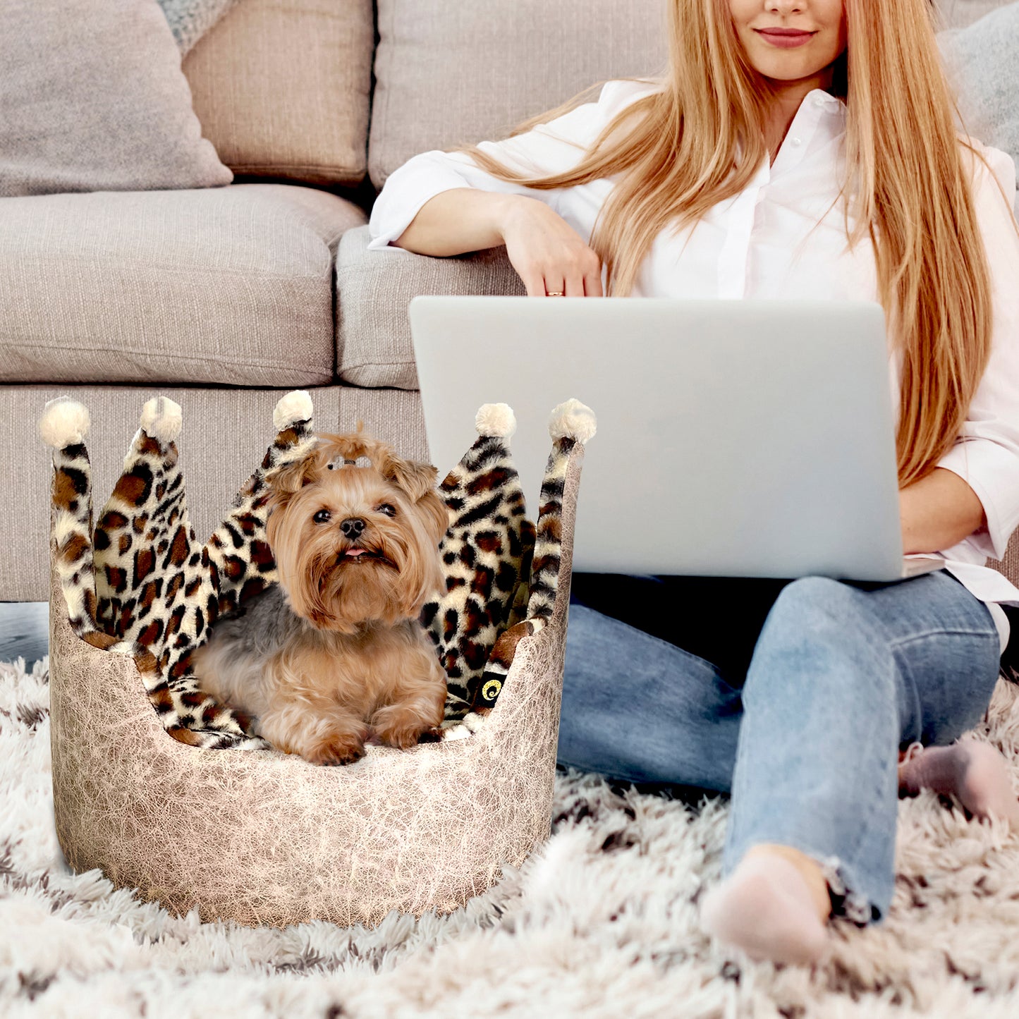 Dream Black Label Leopard Print Crown Dog Bed, Washable Round Cat Bed, Elegant Royal Design, Indoor Cuddler Pet Beds for Puppy and Kitten