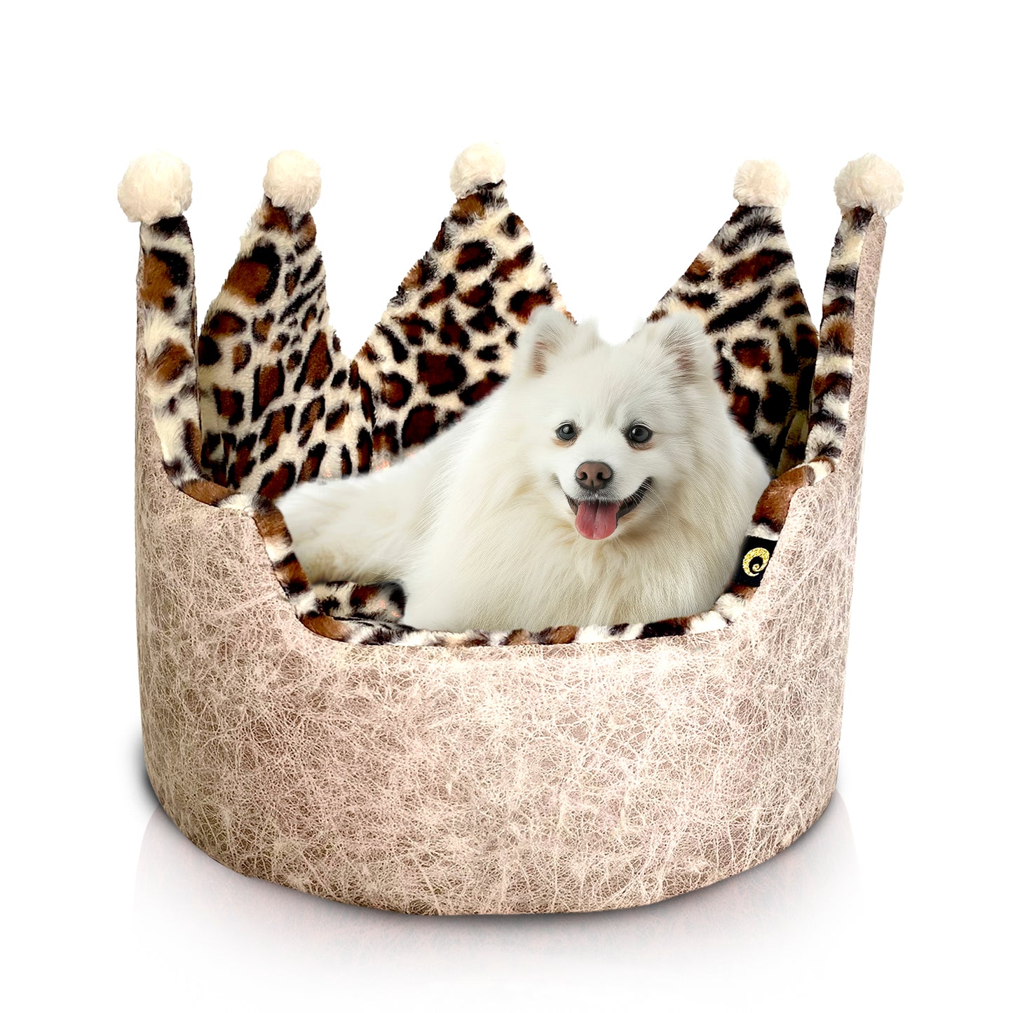 Dream Black Label Leopard Print Crown Dog Bed, Washable Round Cat Bed, Elegant Royal Design, Indoor Cuddler Pet Beds for Puppy and Kitten