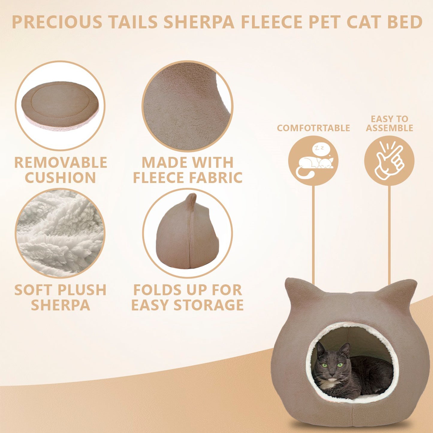 Details Cat Bed, Cave Beds for Cats, Sherpa Fleece Cat House/Tent with Removable Cushion for Pet Kittens